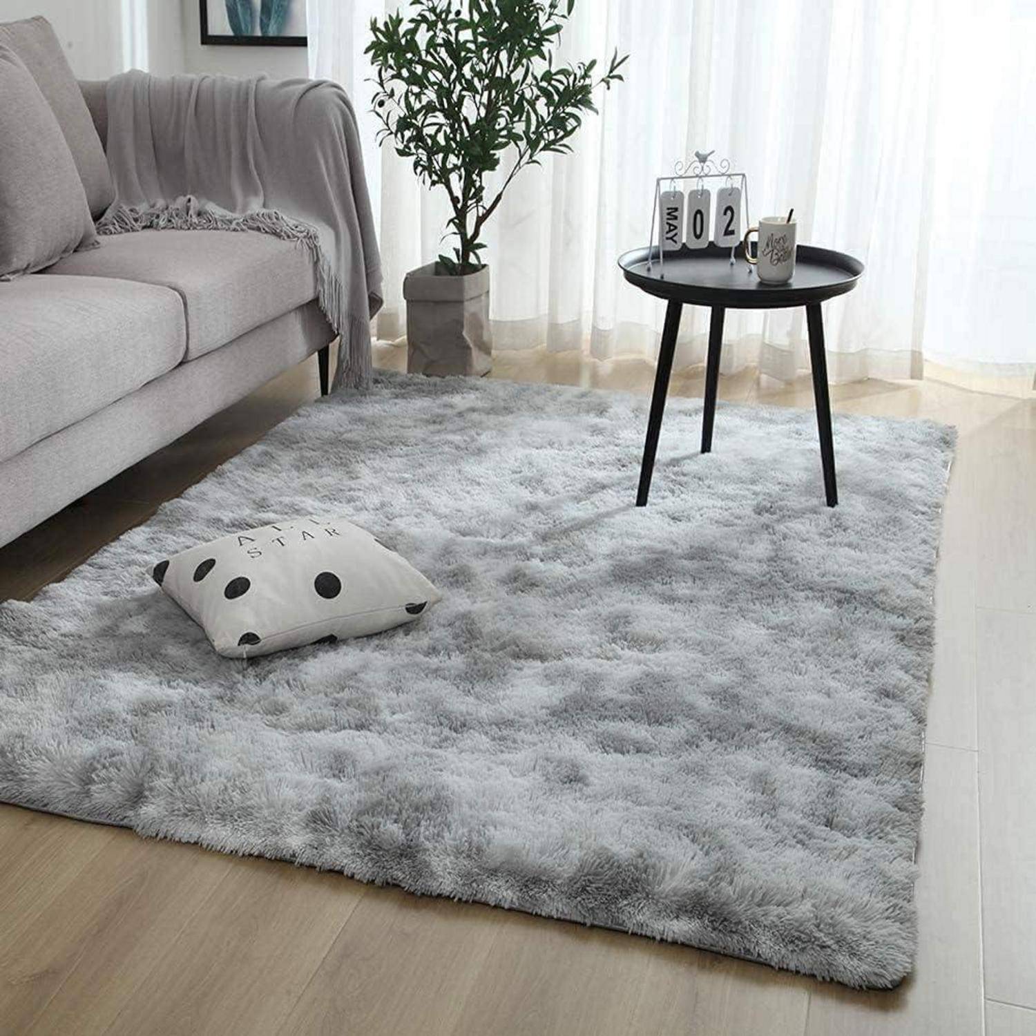 Teppich Waschbar Hochflor Grau Wohnzimmer Neu Hellgrau 160*230cm