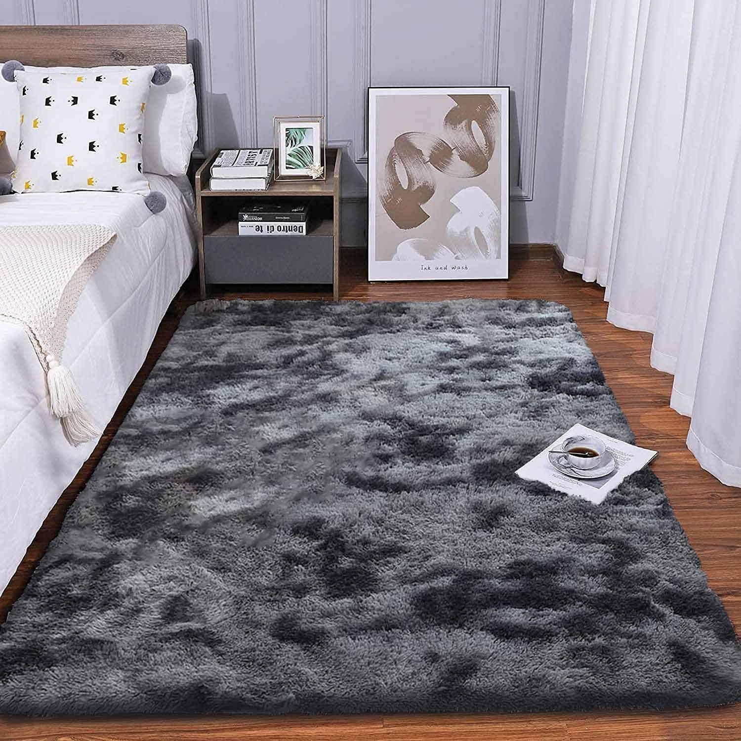 Teppich rund flauschig groß 200 x 300 cm (Rechteckig) Grau Schwarz