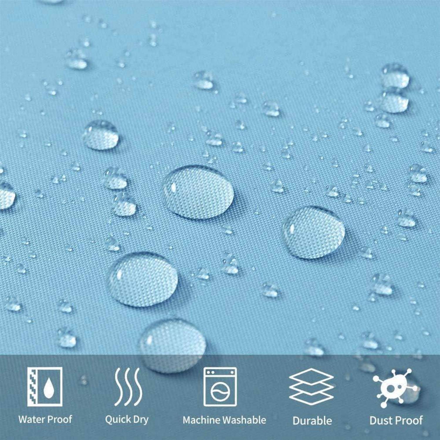 Nahaufnahme von Wassertropfen auf einer blauen Stoffoberfläche, die wasserdichte, schnell trocknende, waschmaschinengeeignete, strapazierfähige und staubabweisende Eigenschaften hervorhebt.