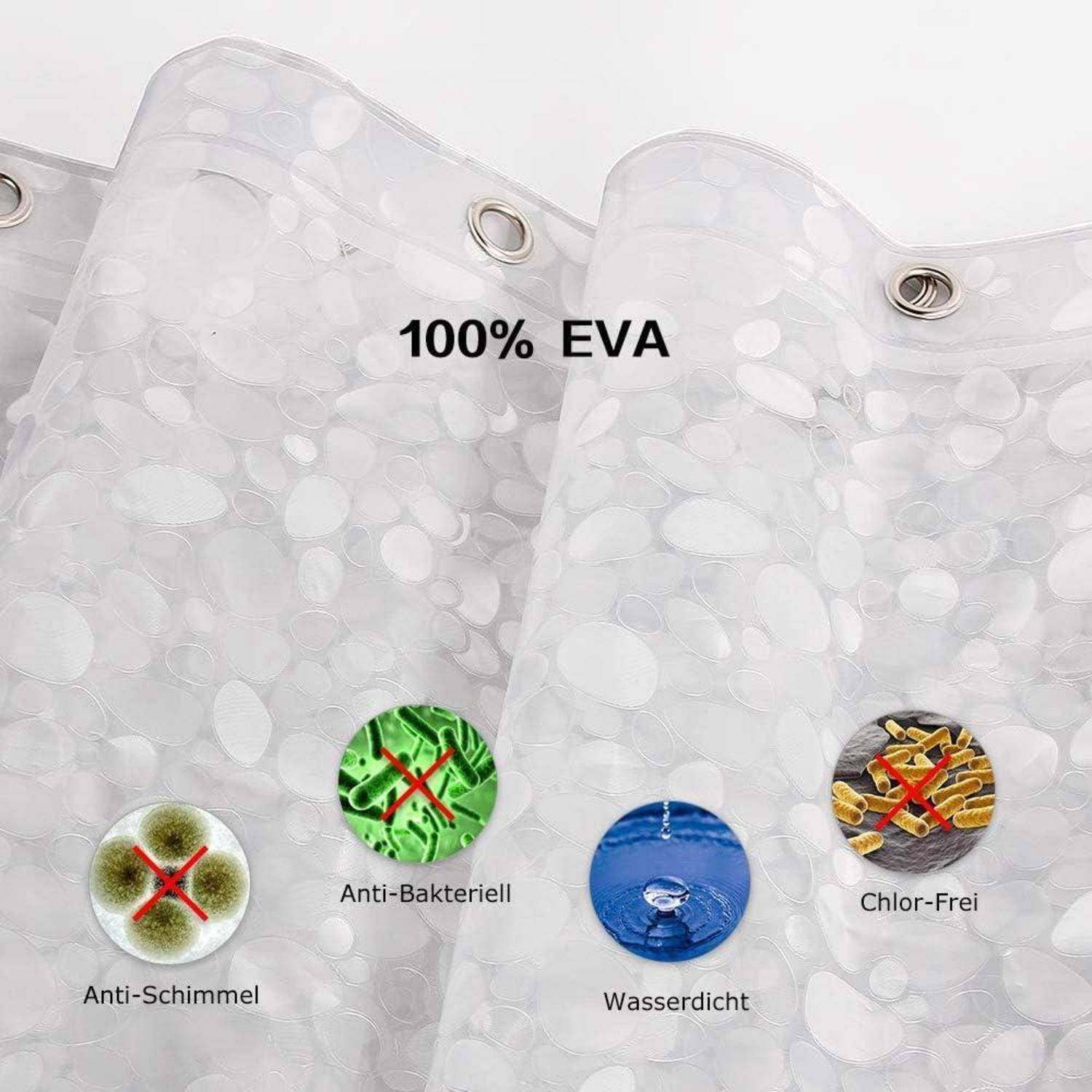 Duschvorhang aus 100% EVA-Material mit Eigenschaften wie 'Anti-Schimmel', 'Anti-Bakteriell', 'Wasserdicht' und 'Chlor-Frei'.