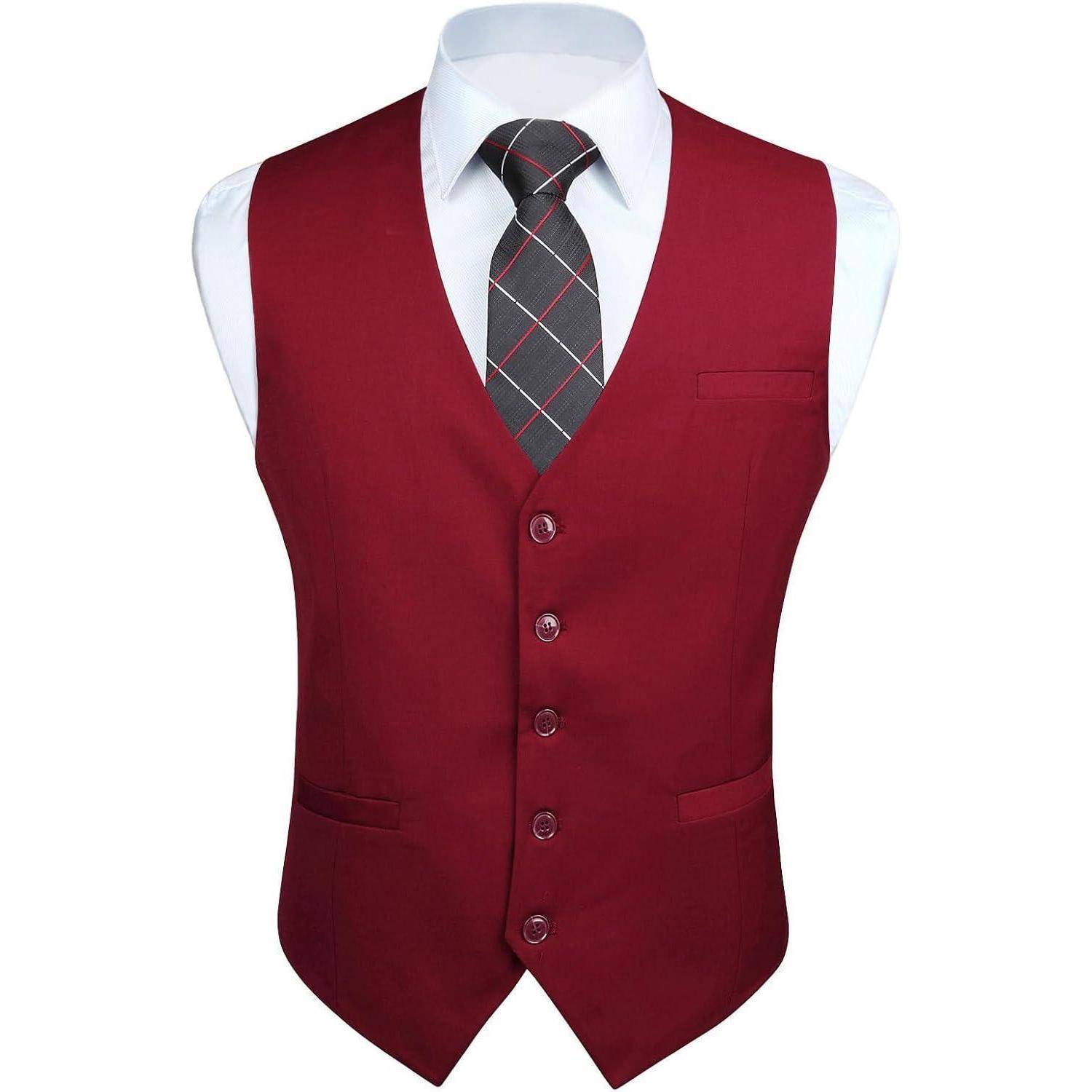 Eine rote formelle Weste mit einer passenden karierten Krawatte, die auf einem Mannequin-Torso präsentiert wird, geeignet für geschäftliche oder formelle Anlässe.