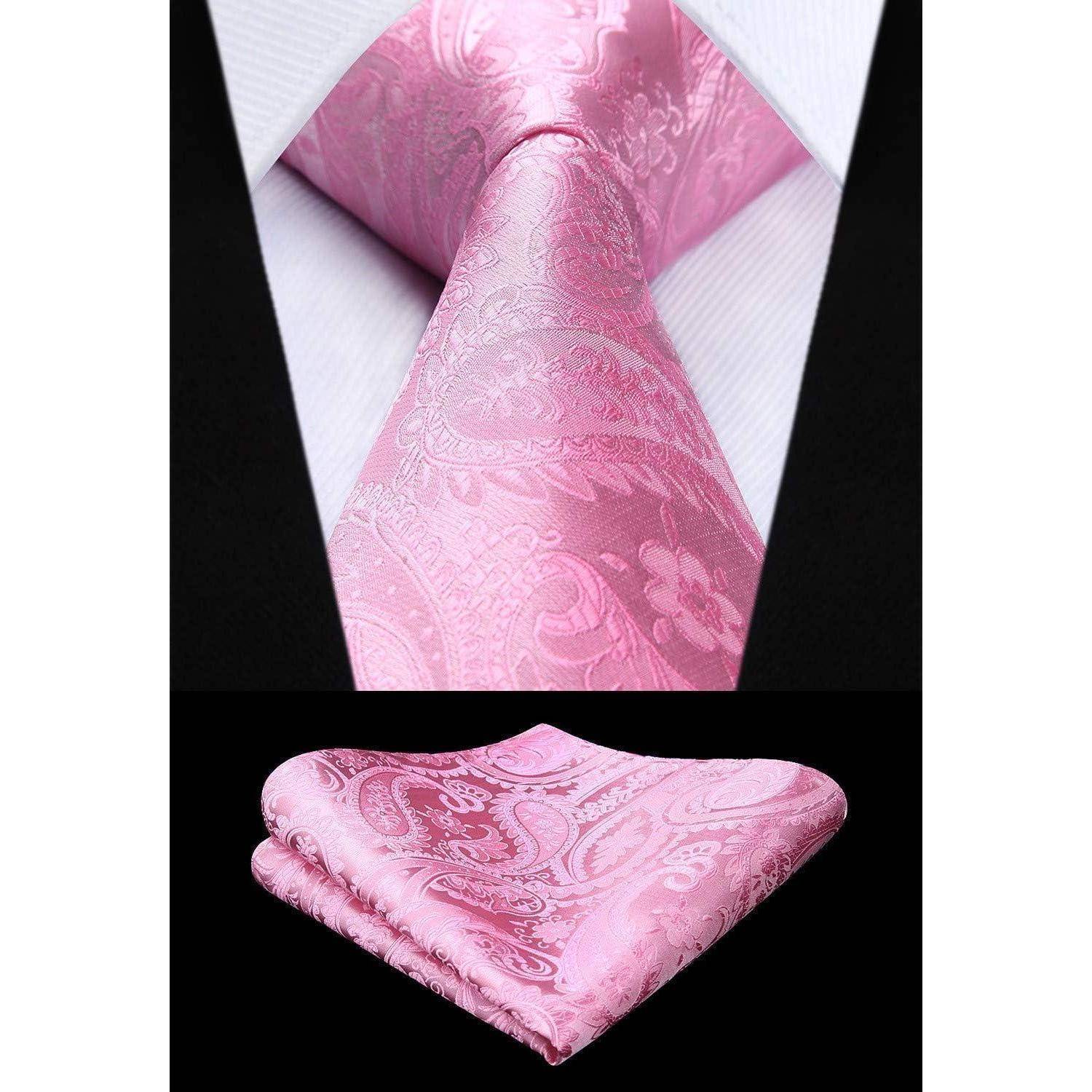 Eine rosa Paisley-Seidenkrawatte und das passende Einstecktuch werden vor einem schwarzen Hintergrund präsentiert, wobei ihre elegante Textur und ihr Design hervorgehoben werden.