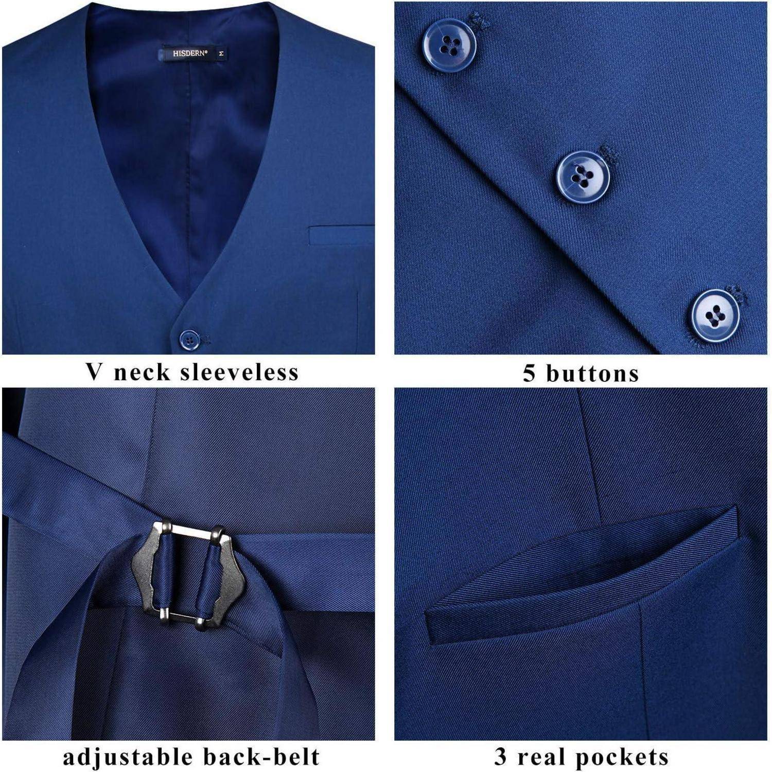 Eine blaue Weste mit V-Ausschnitt, ärmelloser Schnitt, fünf Knöpfen, verstellbarem Rückengürtel und drei echten Taschen.