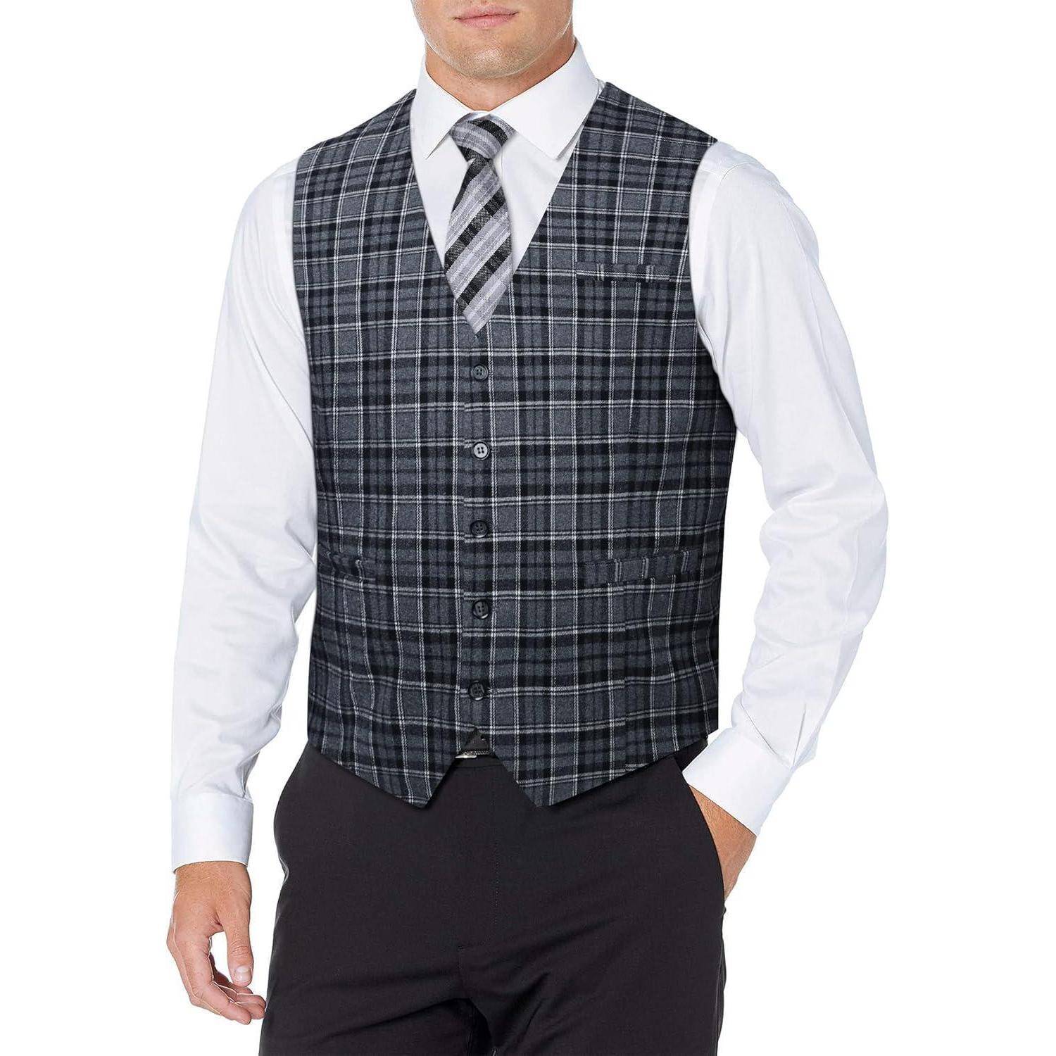 Weste Herren Anzug Formale Hochzeit Baumwolle Plaid Schwarz S