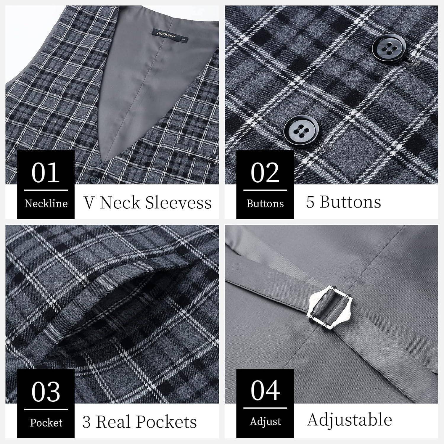 Weste Herren Anzug Formale Hochzeit Baumwolle Plaid Schwarz S