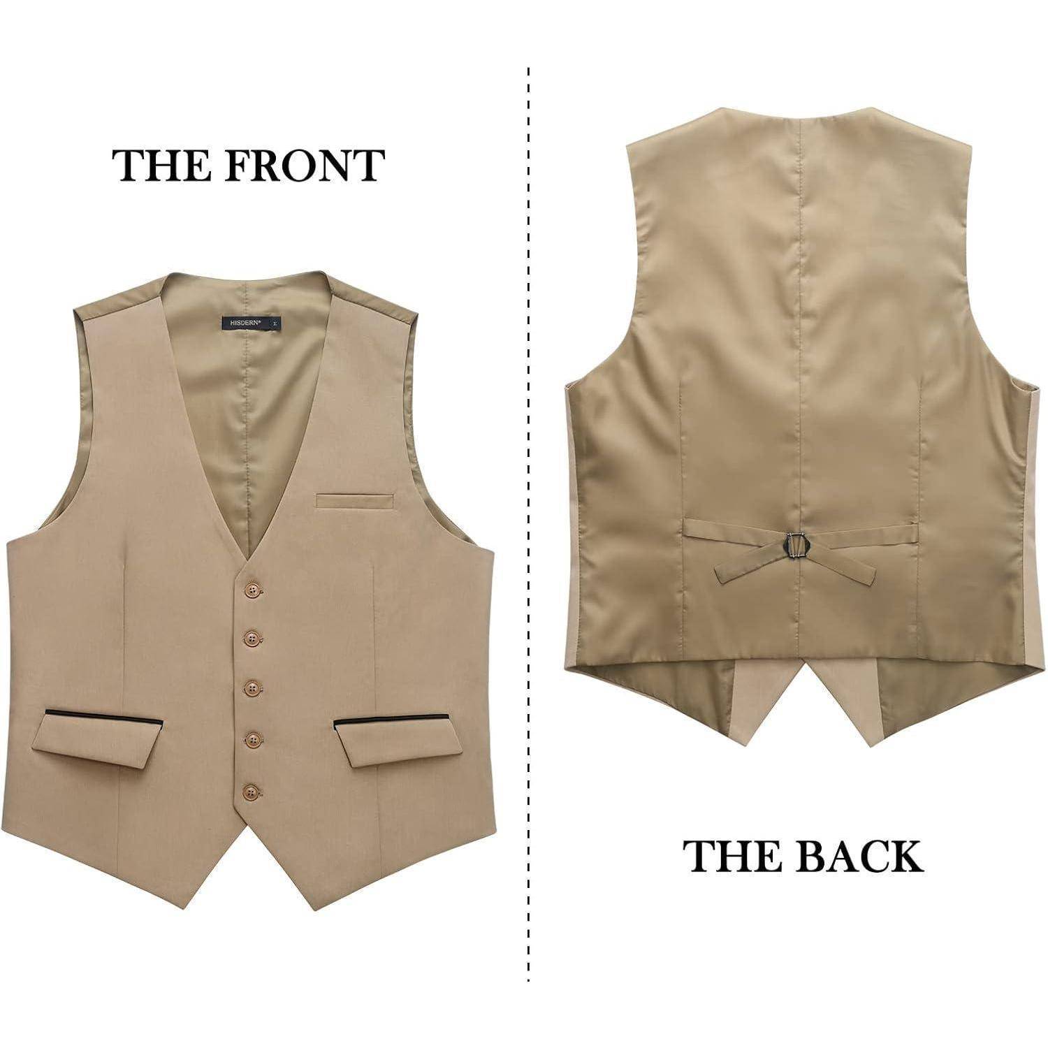 Das Bild zeigt eine beige Weste mit vorderen Knöpfen und Taschenklappen, präsentiert mit Vorder- und Rückansicht. Die Rückseite verfügt über einen verstellbaren Gurt.