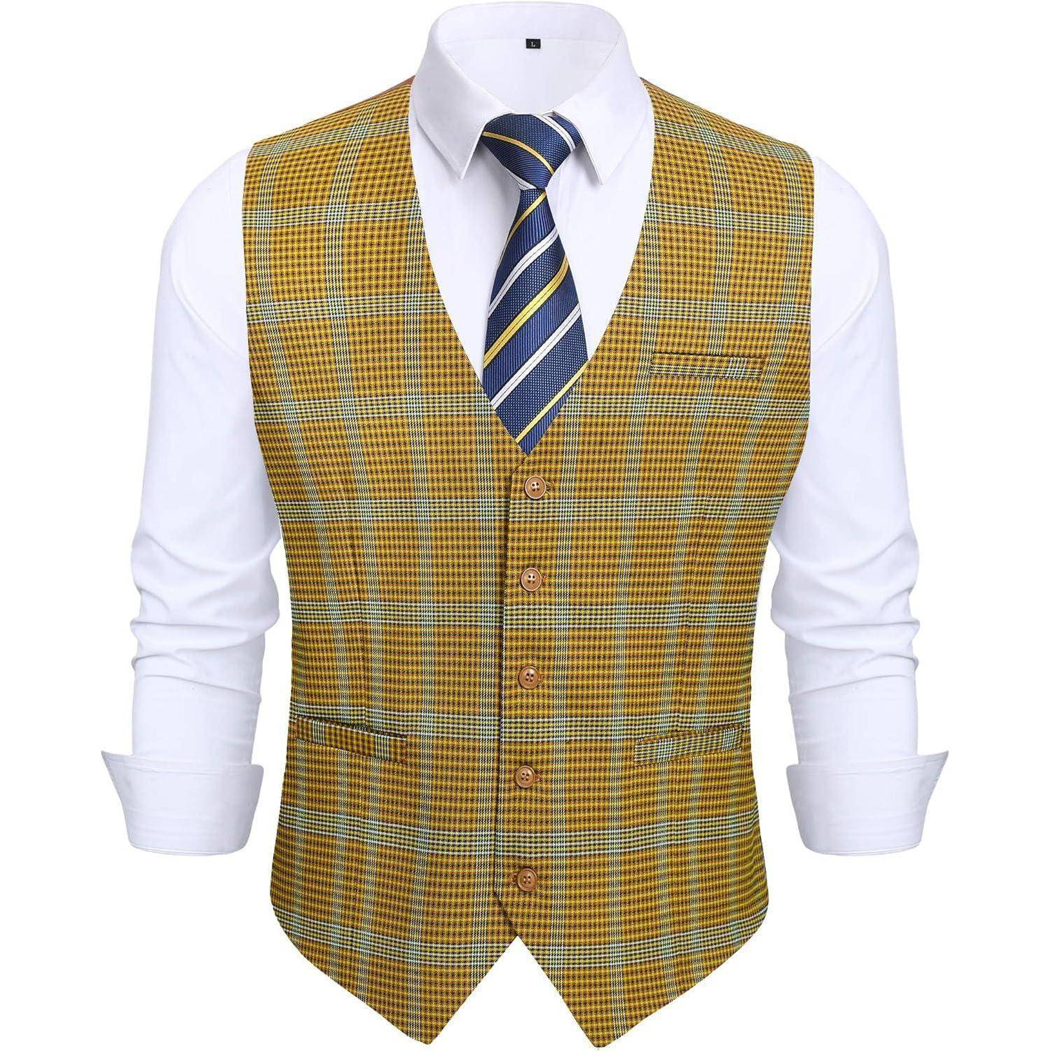 Weste Herren kariert Hahnentritt Baumwolle Hochzeit XL Gelb