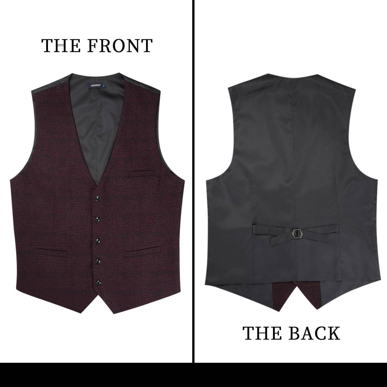Eine dunkelrote Anzugweste, von vorne und hinten gezeigt. Die Vorderseite verfügt über Knöpfe und Taschen, während die Rückseite einen verstellbaren Gürtel hat.