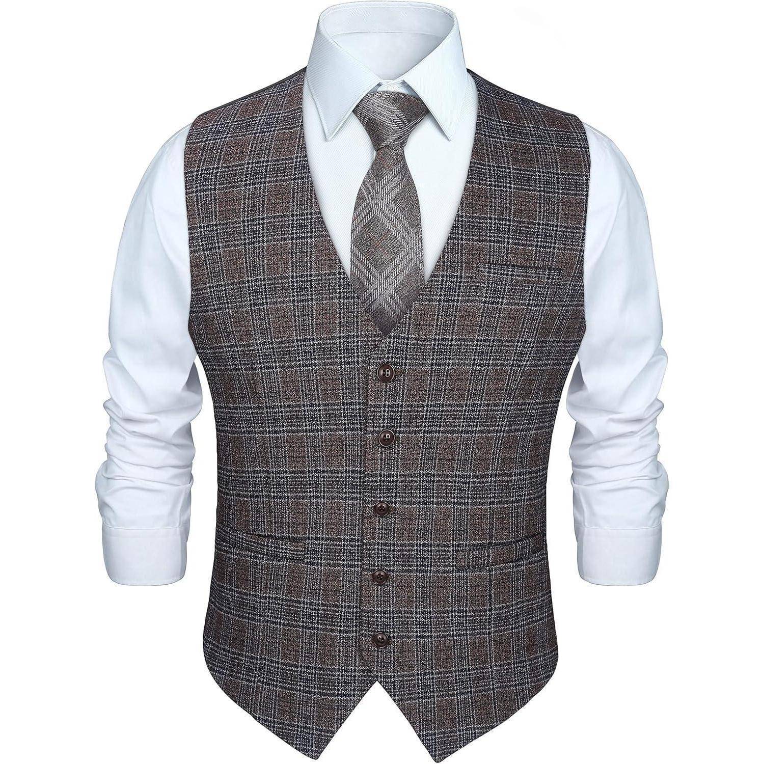 Anzugweste Herren karierte Hahnentritt Baumwolle Hochzeit XL braun