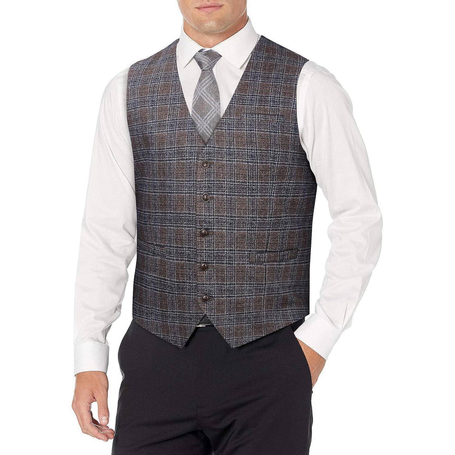 Anzugweste Herren karierte Hahnentritt Baumwolle Hochzeit XL braun