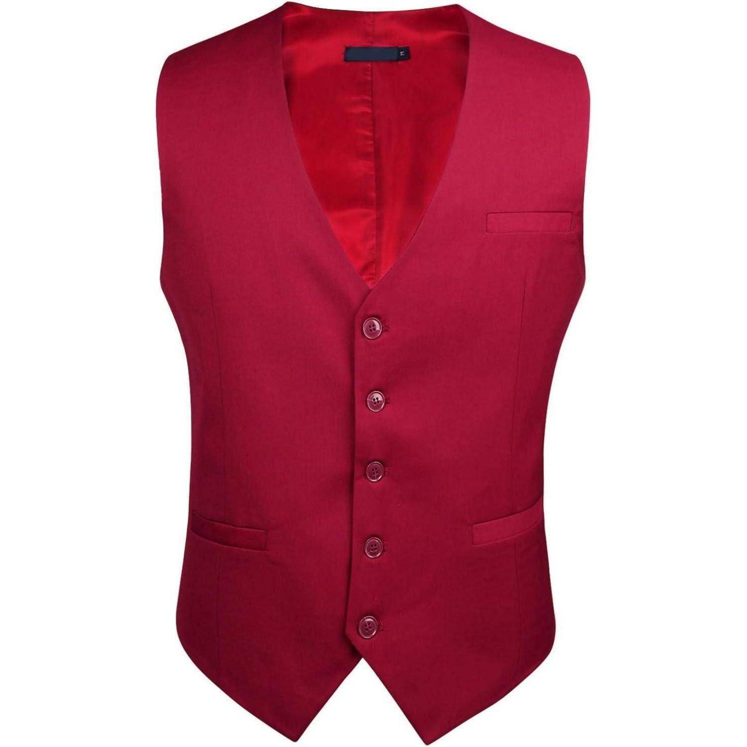 Eine rote, elegante Weste mit Knöpfen und zwei Fronttaschen, die vor einem neutralen Hintergrund präsentiert wird.