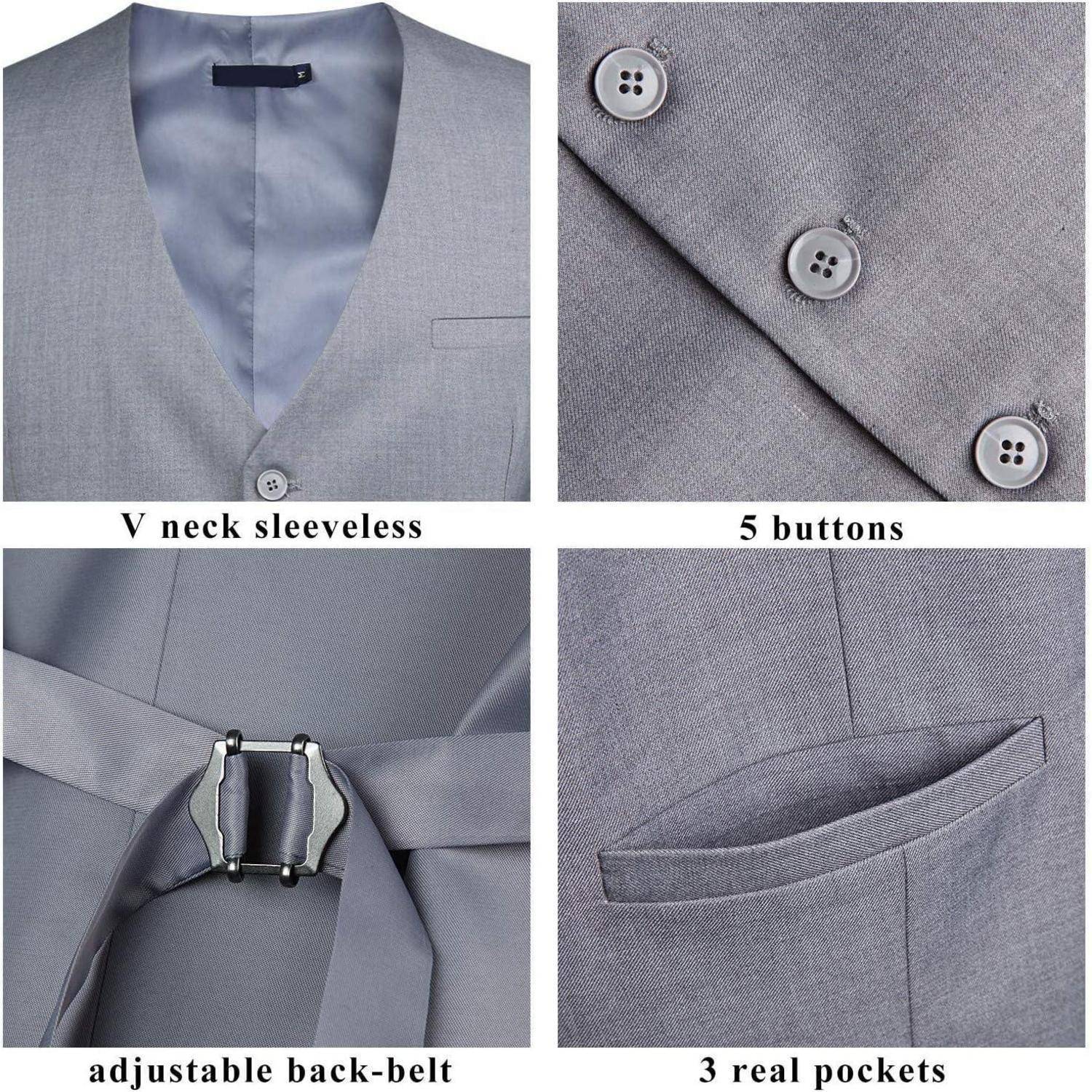 Anzugdetails: V-Ausschnitt, ärmelloses Design, fünf Knöpfe, verstellbarer Rückengürtel, drei echte Taschen. Graue Stoff in vier Segmenten präsentiert.