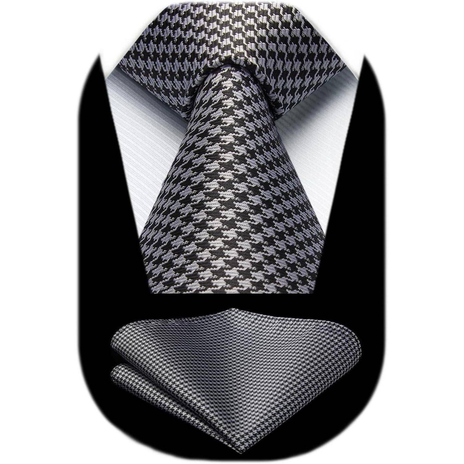 Krawatte Herren Hochzeit Einstecktuch Hahnentritt Business Black-3