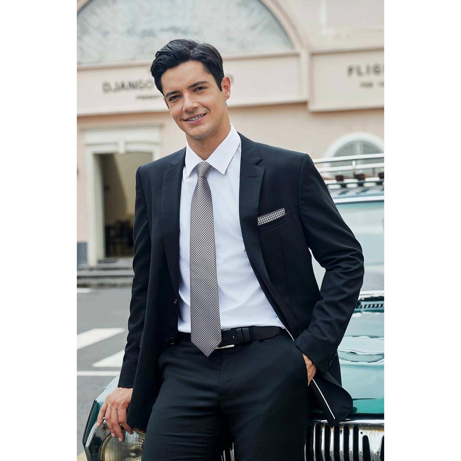 Krawatte Herren Hochzeit Einstecktuch Hahnentritt Business Black-3