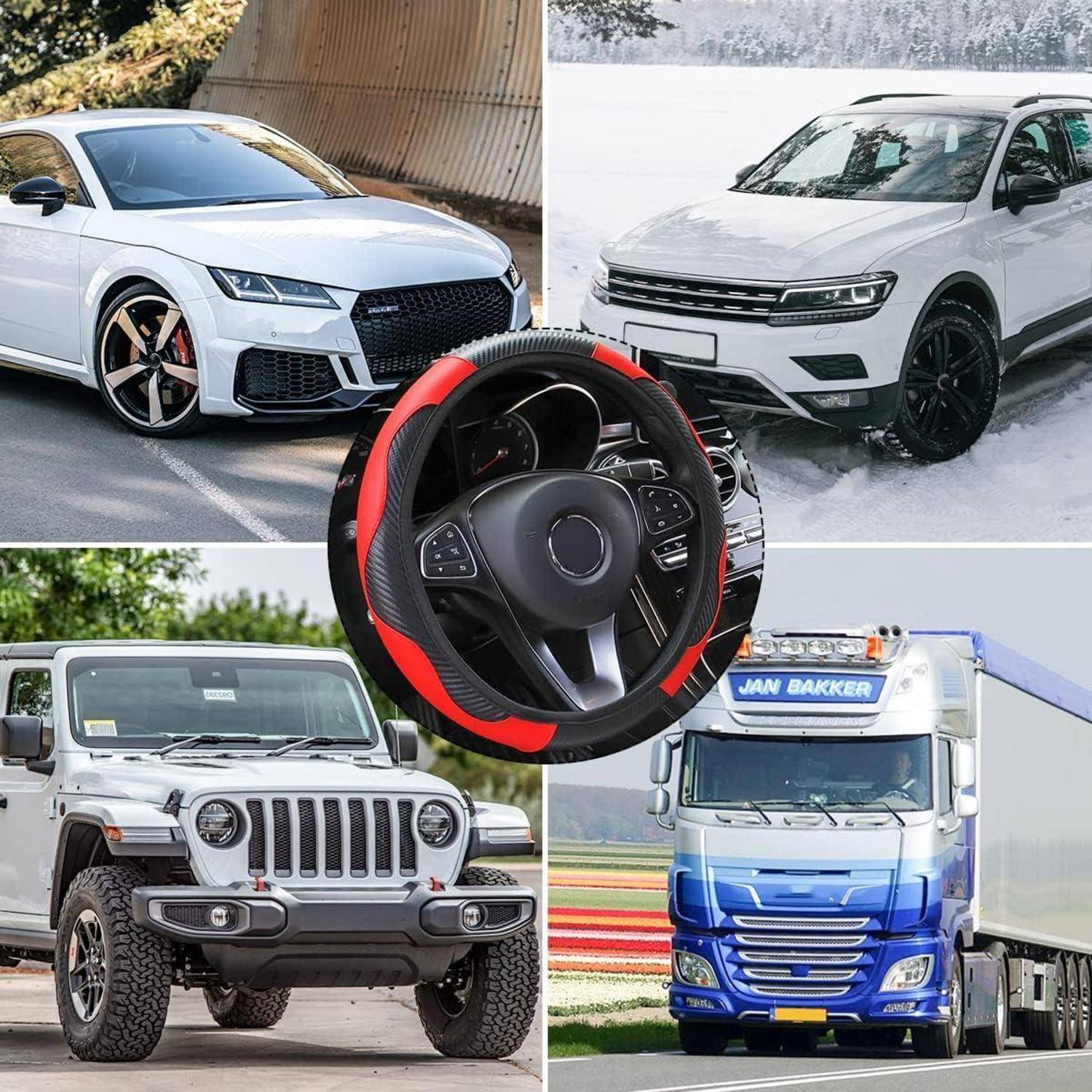 Collage von Fahrzeugen: ein weißes Sportwagen, ein weißer SUV im Schnee, ein grauer Jeep und ein blauer Lastwagen. Zentrales Bild eines Lenkrads.