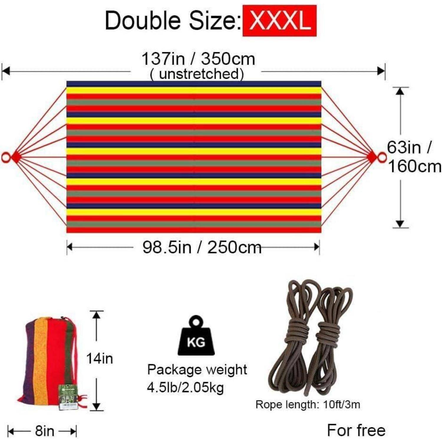 Doppelhängematte Baumwolle 2 Personen 250x160cm 300kg Regenbogen Xxxl
