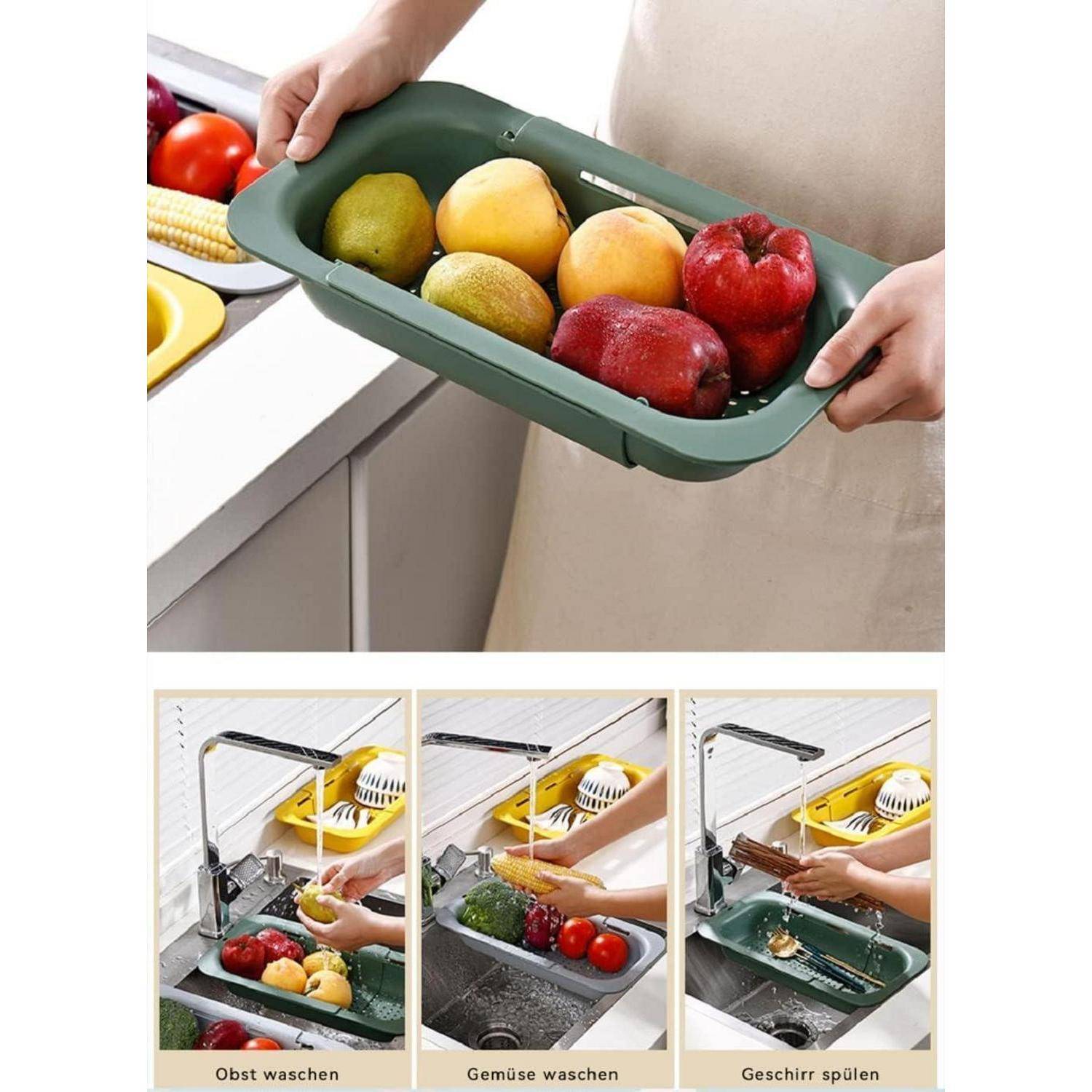 Eine Person spült einen grünen Seiher, der mit Äpfeln und anderen Früchten gefüllt ist, unter einem Wasserhahn ab. Darunter zeigen drei Bilder Schritte zum Waschen von Obst, Gemüse und Geschirr mit einer ähnlichen Anordnung.