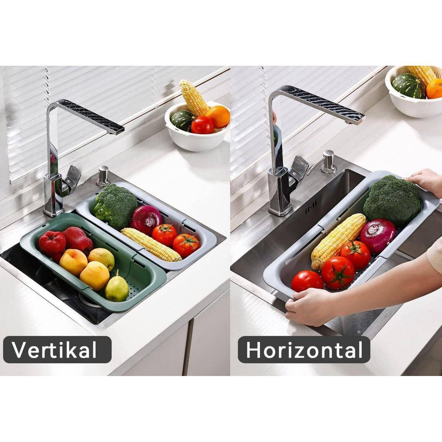 Ein Zwei-Kammern-Küchenbecken zeigt Gemüse in einem zusammenklappbaren Sieb/Tablett. Etiketten weisen die Positionen 