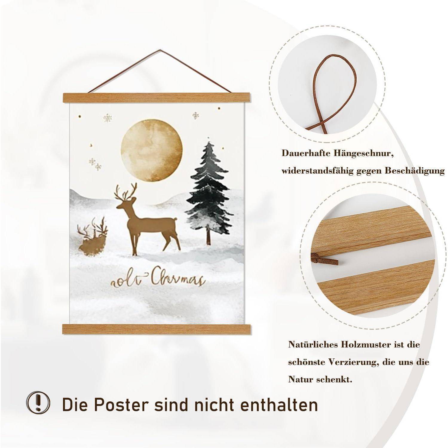 Poster mit einem Hirsch unter einem goldenen Mond in einer verschneiten Landschaft; enthält Details über eine robuste Aufhängekordel und Holzleisten. Poster nicht im Lieferumfang enthalten.