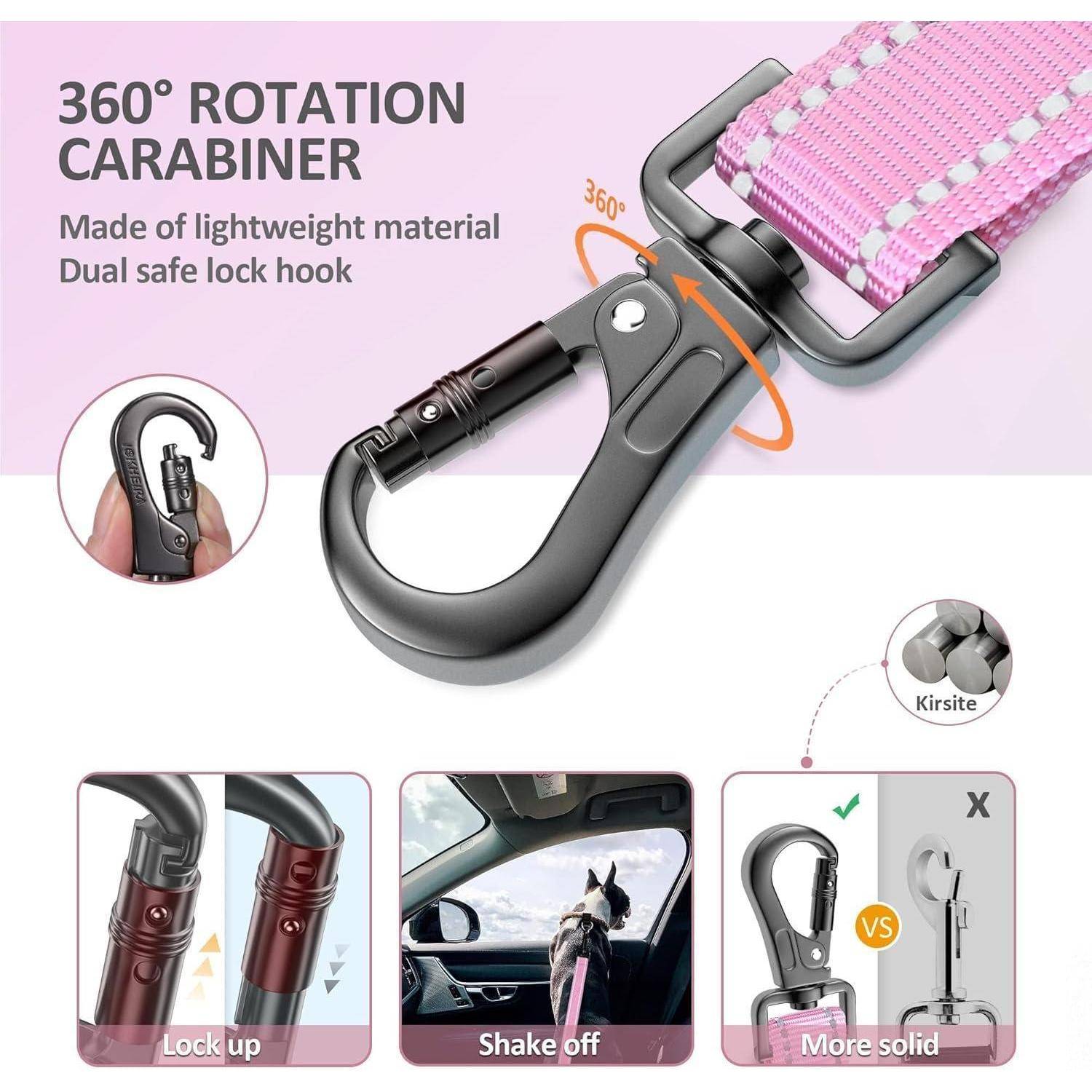 Ein Karabiner mit 360° Drehung, der ein Hundeleine im Auto hält. Zu den Merkmalen gehören leichtes Material und ein doppelt gesicherter Verschlusshaken.