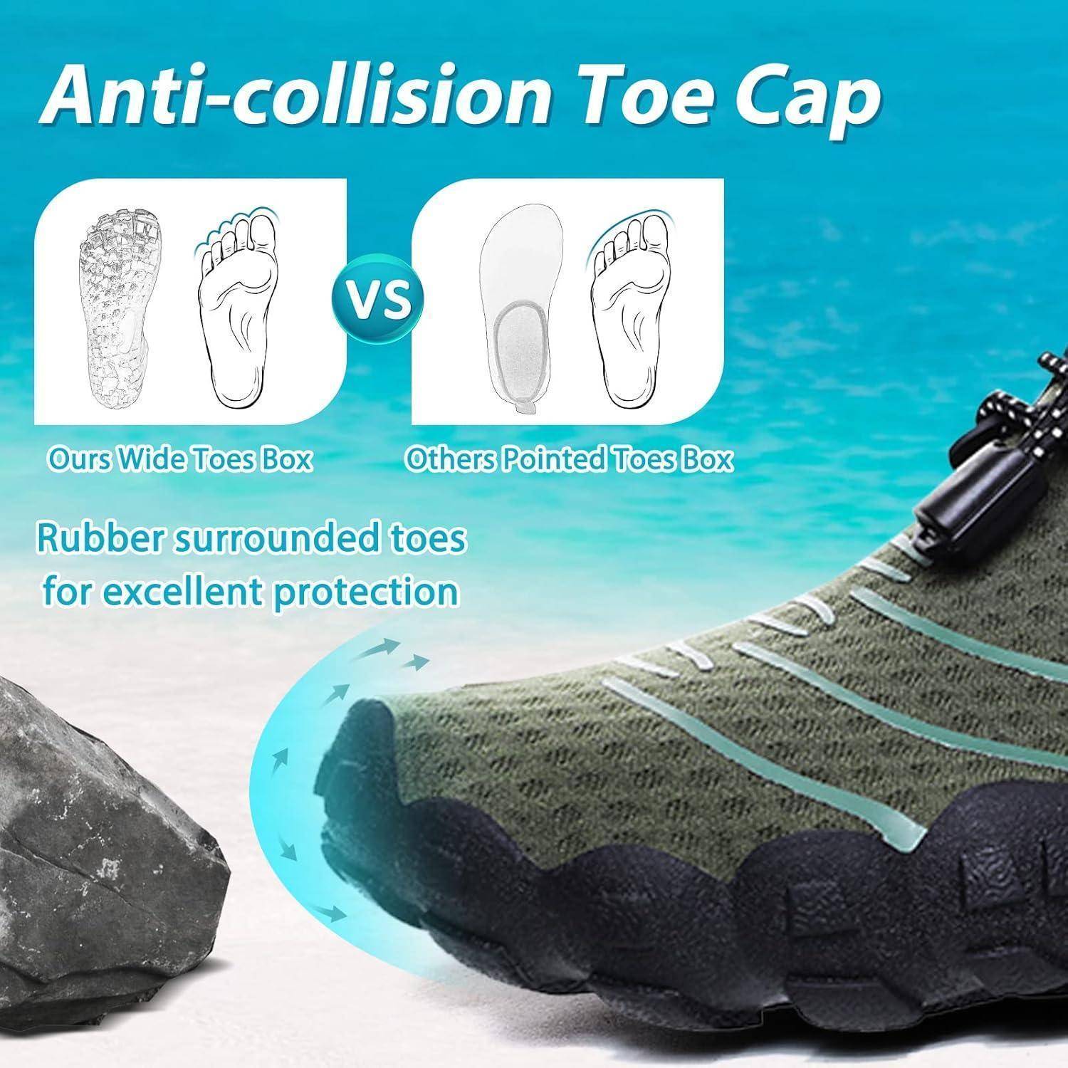 Athletischer Schuh mit 'Anti-Kollisions-Zehenkappe', die den Gummischutz hervorhebt. Vergleich von 'Breitem Zehenbereich' versus 'Spitzem Zehenbereich'.
