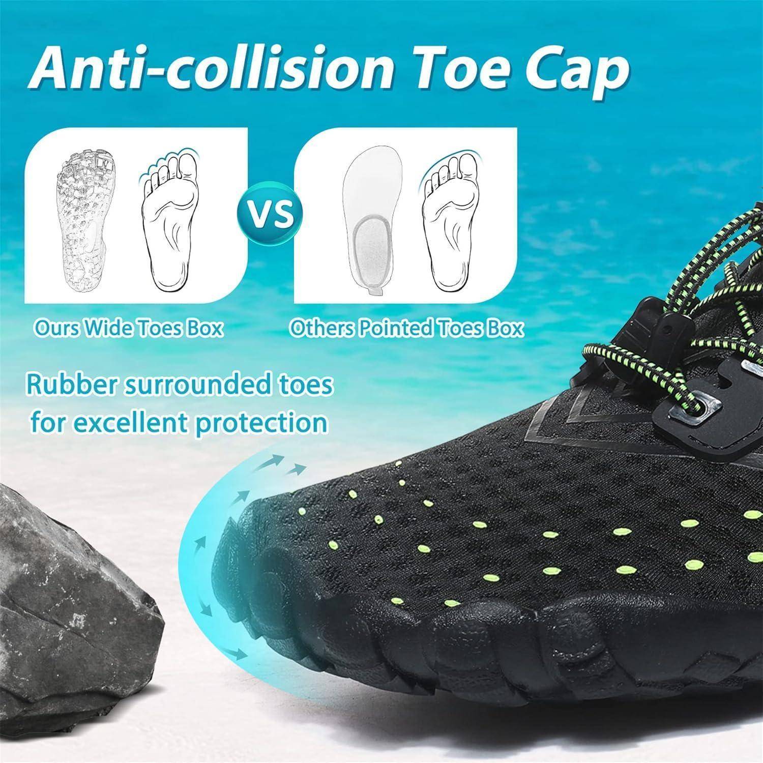 Anti-Kollisions-Zehenkappe' - Abbildung, die einen Vergleich von Fußformen und Schuh-Zehenbereich zeigt und einen breiten Zehenbereich mit Gummischutz für Sicherheit hervorhebt.