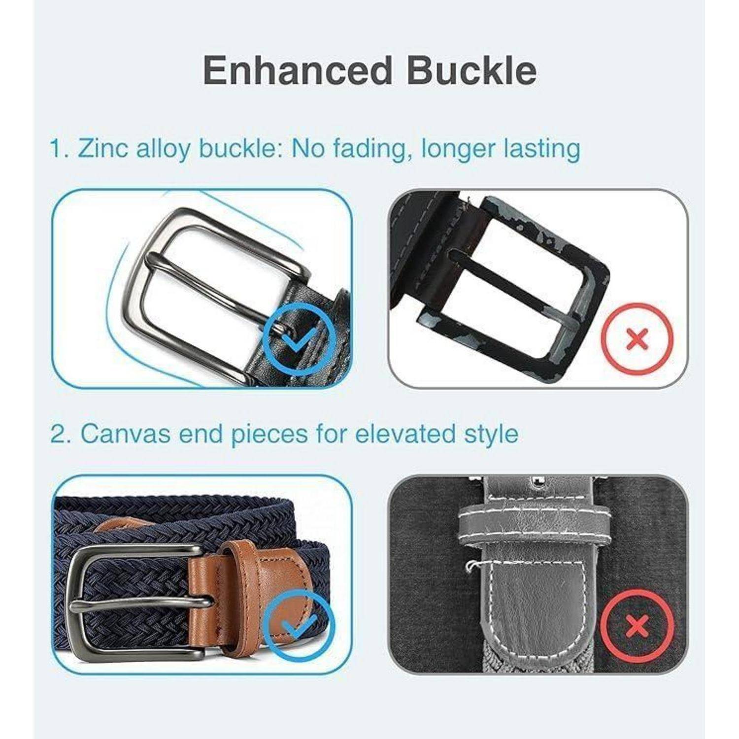 "Enhanced Buckle" hebt zwei Merkmale hervor: einen Zinklegierungsschnalle mit einer Prüfung auf Haltbarkeit und Leinenendelementen für den Stil mit abwechselnden Bildern.