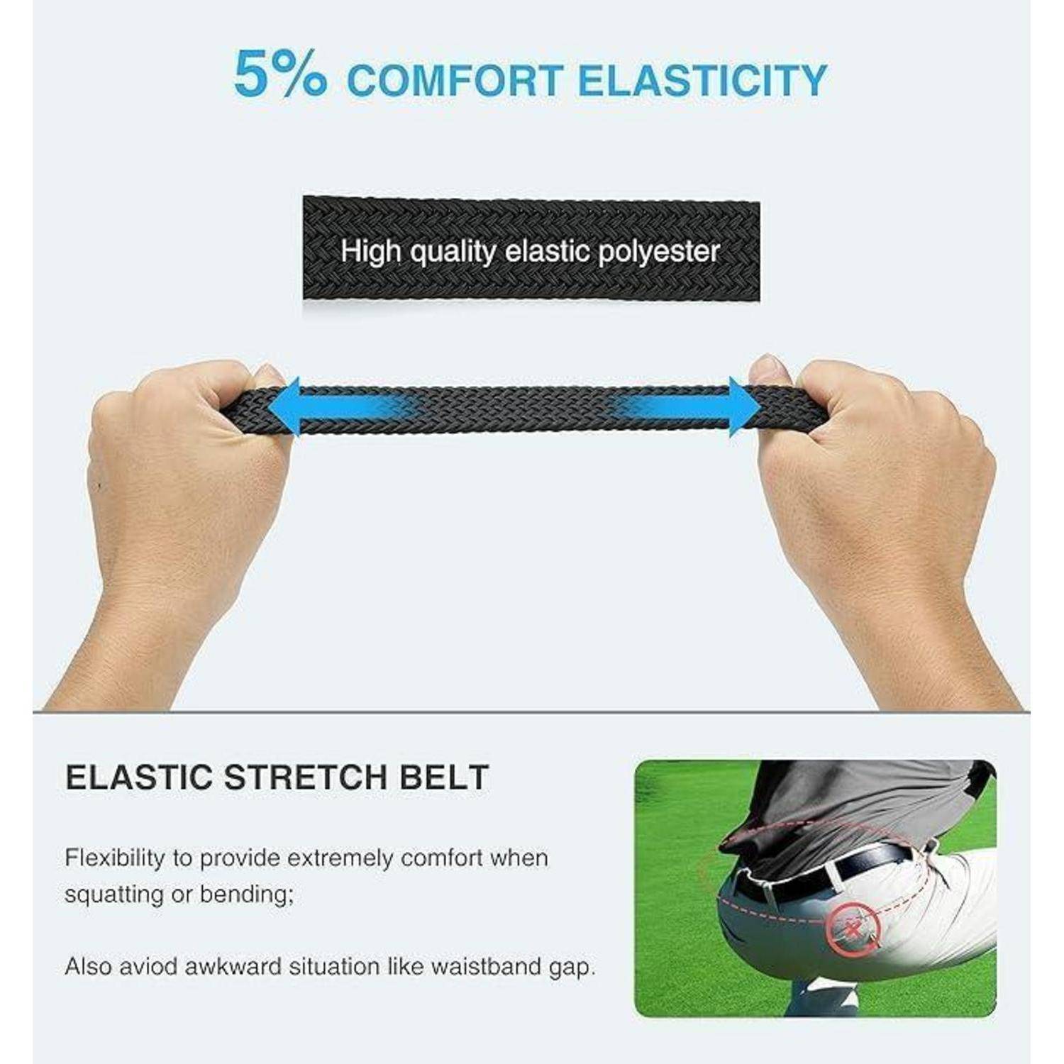 Zwei Hände dehnen einen schwarzen Riemen aus hochwertigem elastischem Polyester, beschriftet mit '5% Komfort-Elastizität'. Darunter erklärt der Text die Flexibilität des Gürtels während der Bewegung.