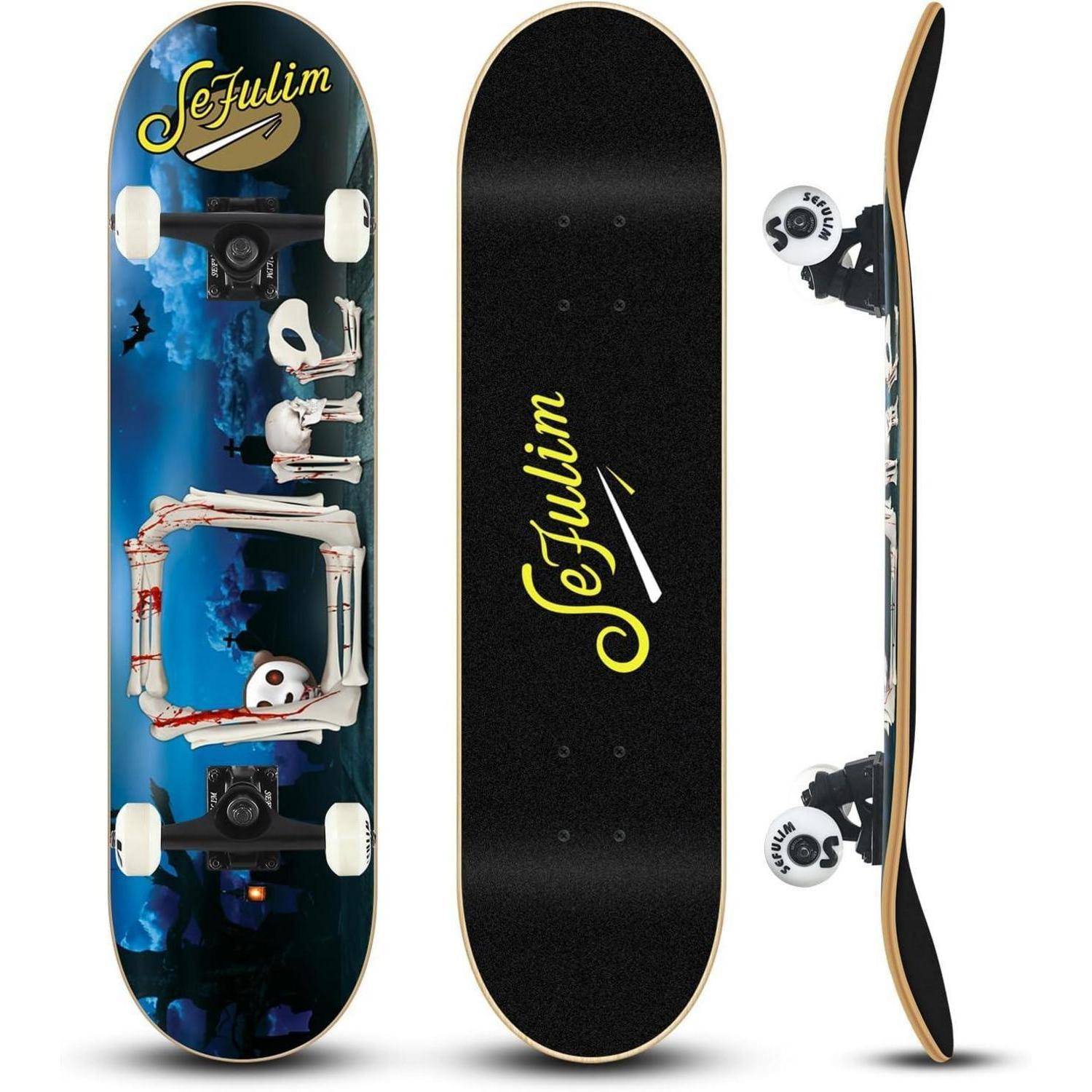 Skateboard 78,9x20,3cm Ahorn 7lagig Blau mit weißem Skelett-Design