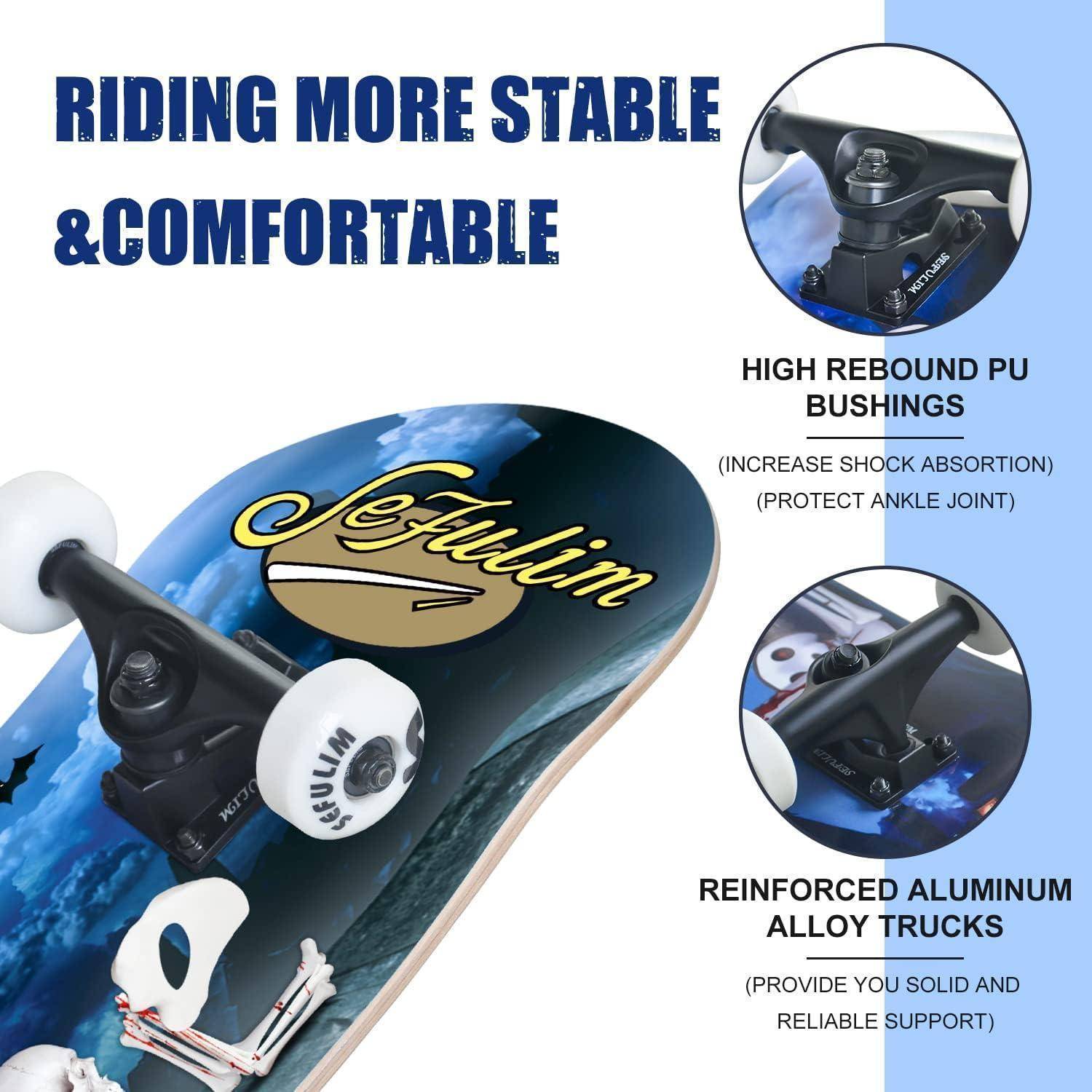 Skateboard 78,9x20,3cm Ahorn 7lagig Blau mit weißem Skelett-Design