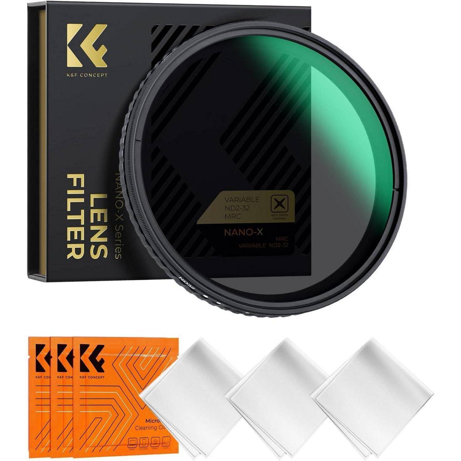 Objektivfilter-Set beinhaltet einen variablen ND-Filter, drei Reinigungstücher und Verpackung. Der Filter trägt die Markenbezeichnung 'K&F Concept'.