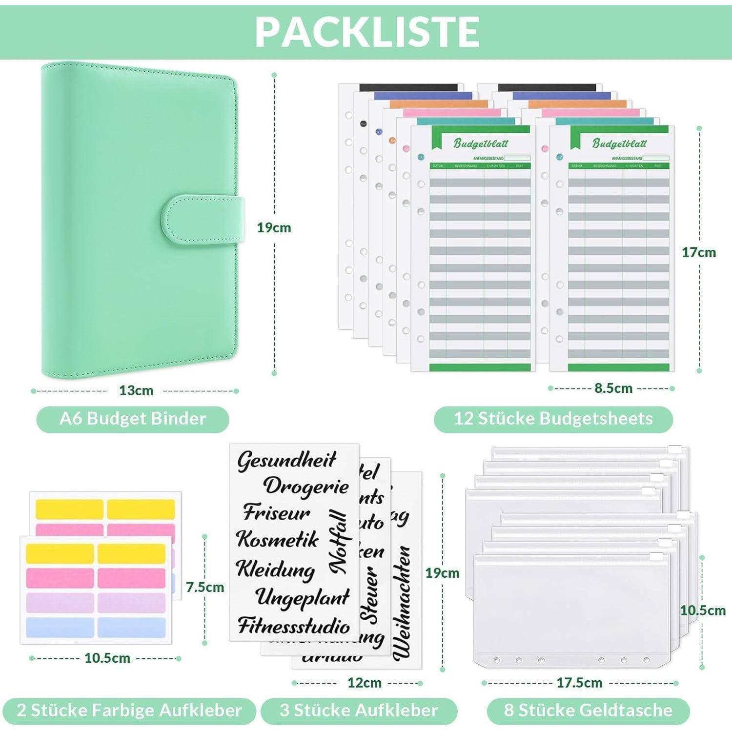 Das 'A6 Budget Planer Set' enthält ein mintfarbenes Portfolio, Budgetblätter, bunte Sticker und beschriftete Hüllen für Ausgaben wie Gesundheit und Lebensmittel.