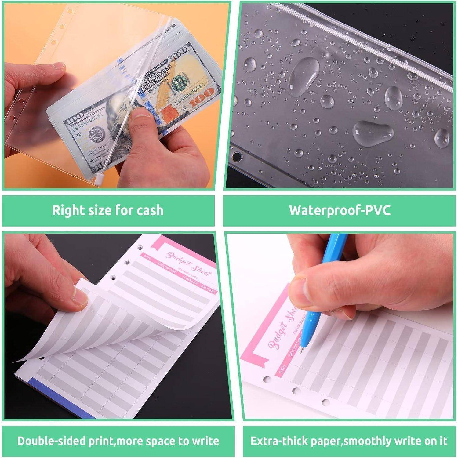 Bild zeigt Geldumschläge mit Merkmalen: ‚Richtige Größe für Bargeld', ‚Wasserdichtes PVC', ‚Beidseitiger Druck', ‚Besonders dickes Papier'.