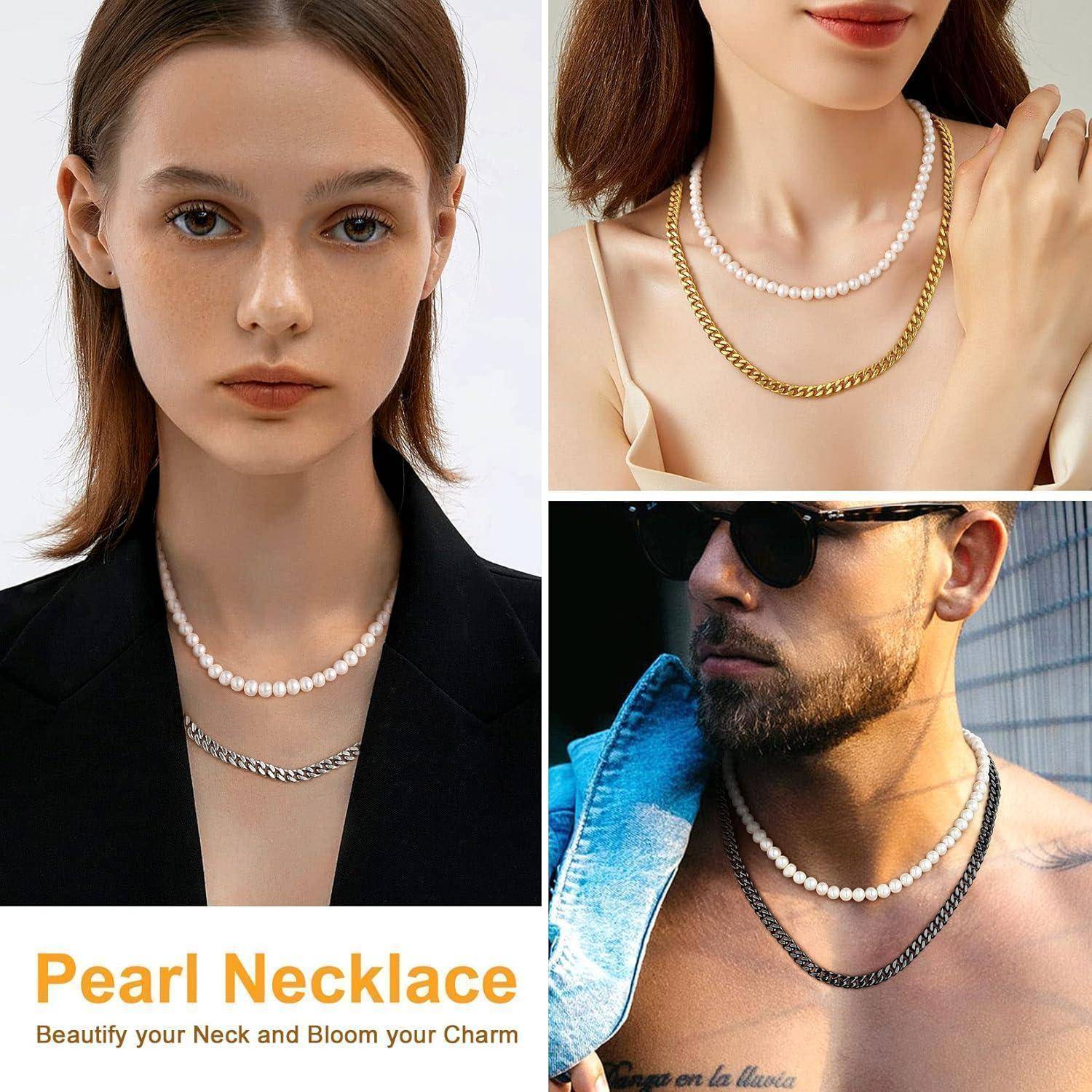 Werbeaktion für eine Perlenkette: Präsentation vielseitiger Stile - eine Person in formeller Kleidung, eine in lässiger Umgebung, wobei Eleganz hervorgehoben wird.