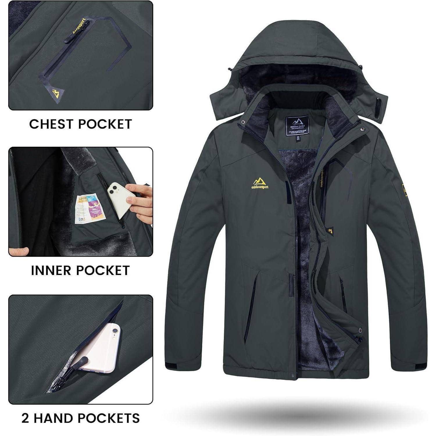 Herren-Winterjacke mit Kapuze, schwarze Außenseite und weichem Futter. Ausgestattet mit Brust-, Innen- und zwei Handtaschen mit Reißverschlüssen. Geeignet für kalte Witterungsbedingungen.