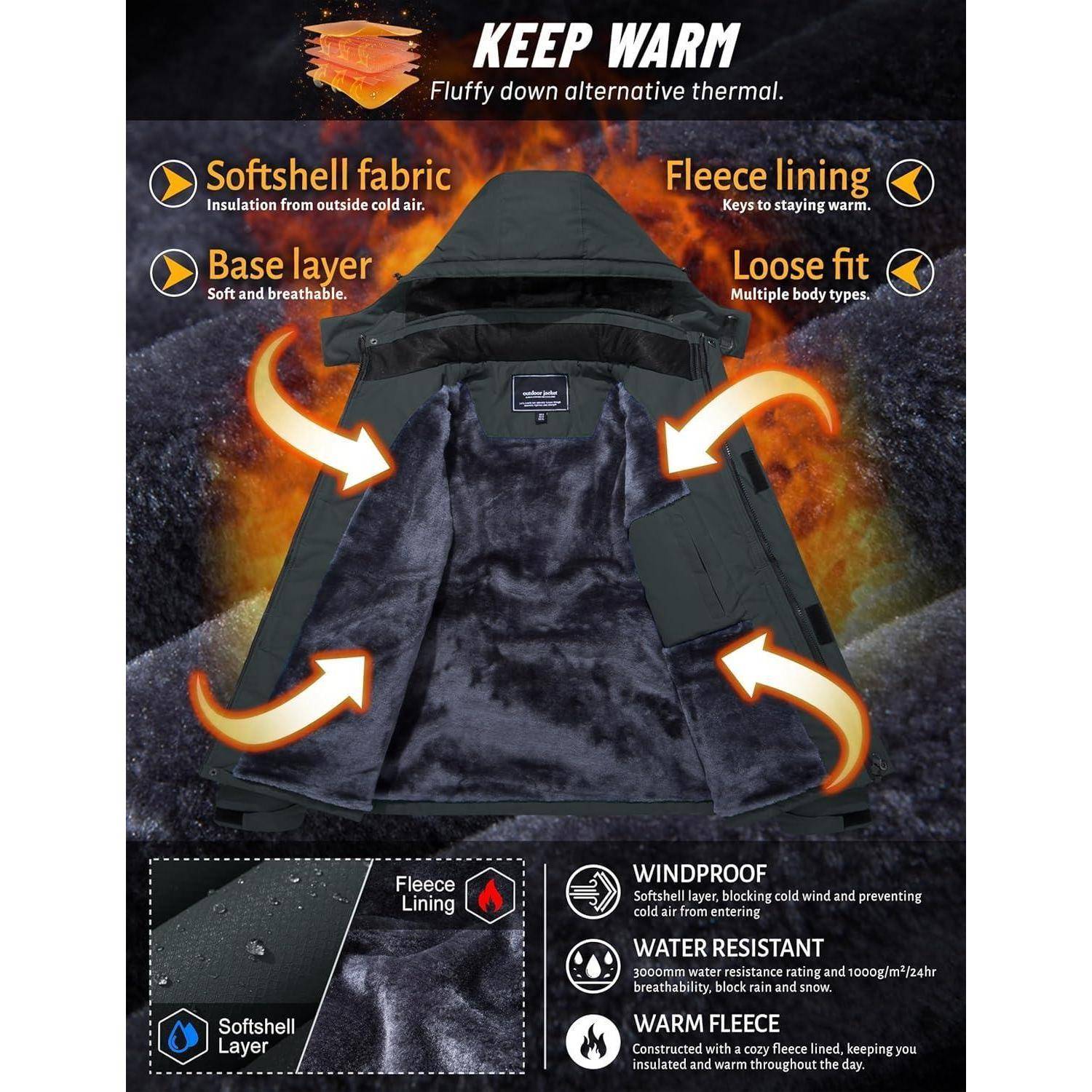 Bleiben Sie warm mit einer Jacke aus Softshell-Stoff, Fleecefutter und lockerer Passform. Vorteile: windundurchlässig, wasserabweisend und Wärmespeicherung.