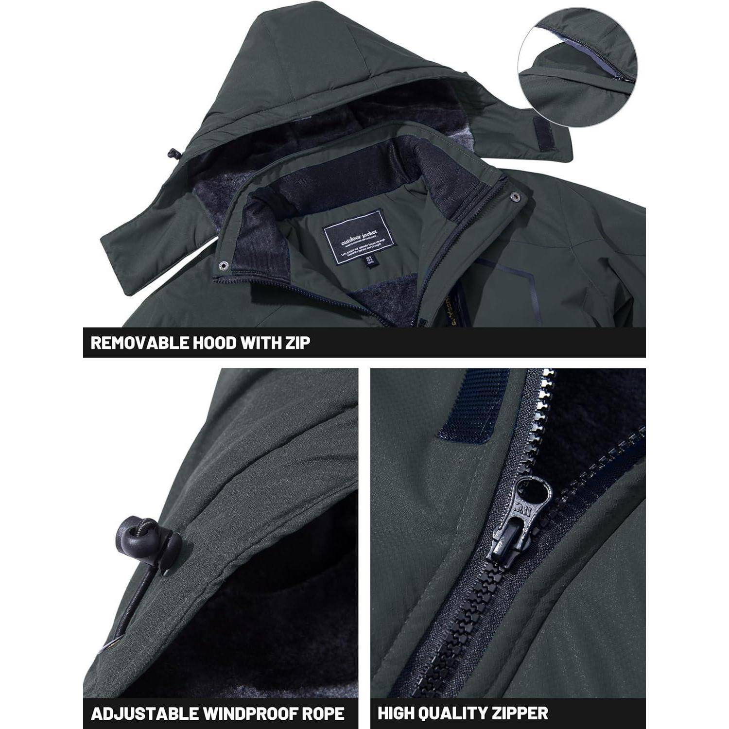 Grüne Jacke mit abnehmbarer Kapuze mit Reißverschluss, verstellbarer Windschutzschnur und einem hochwertigen Reißverschluss.