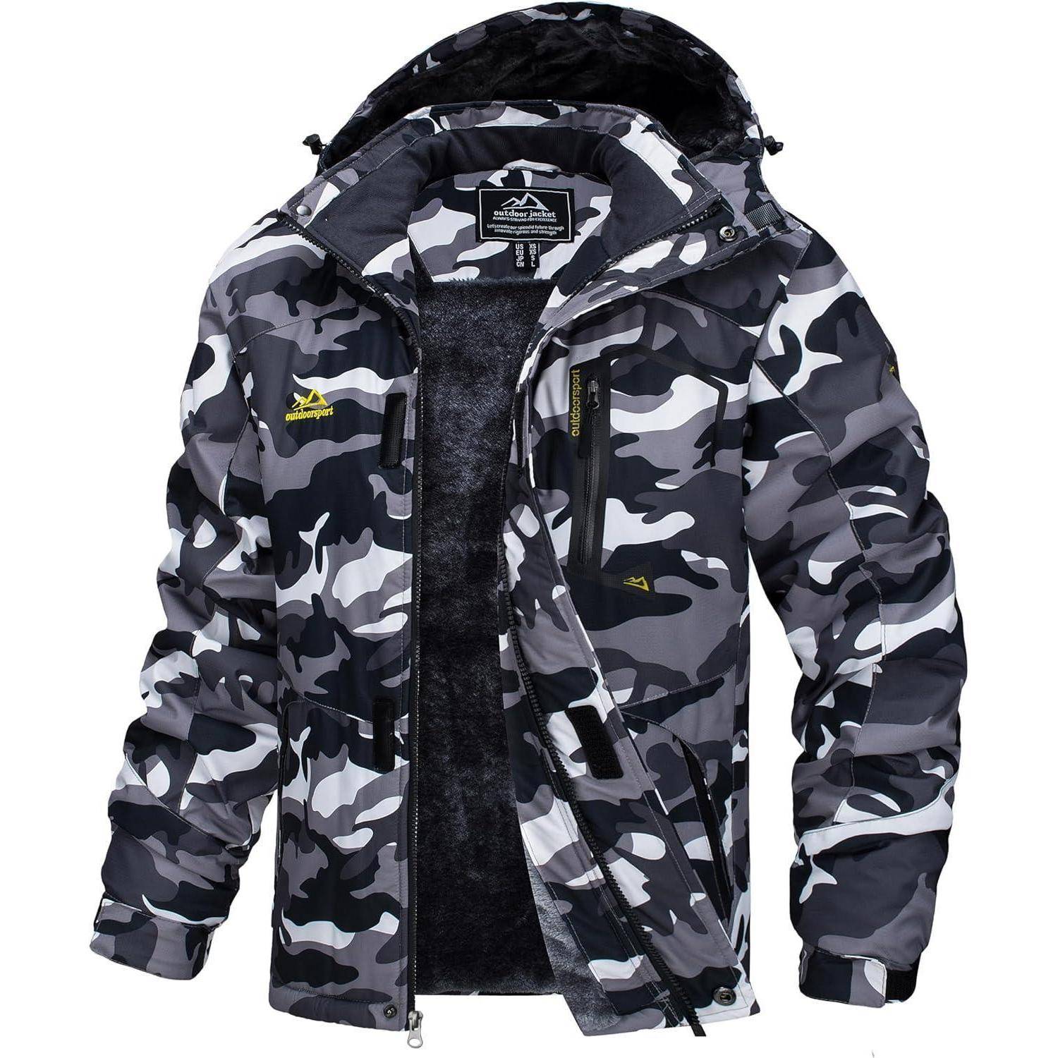 Winterjacke Herren Wasserdicht Winddicht Fleece Kapuze M Schwarz Camo