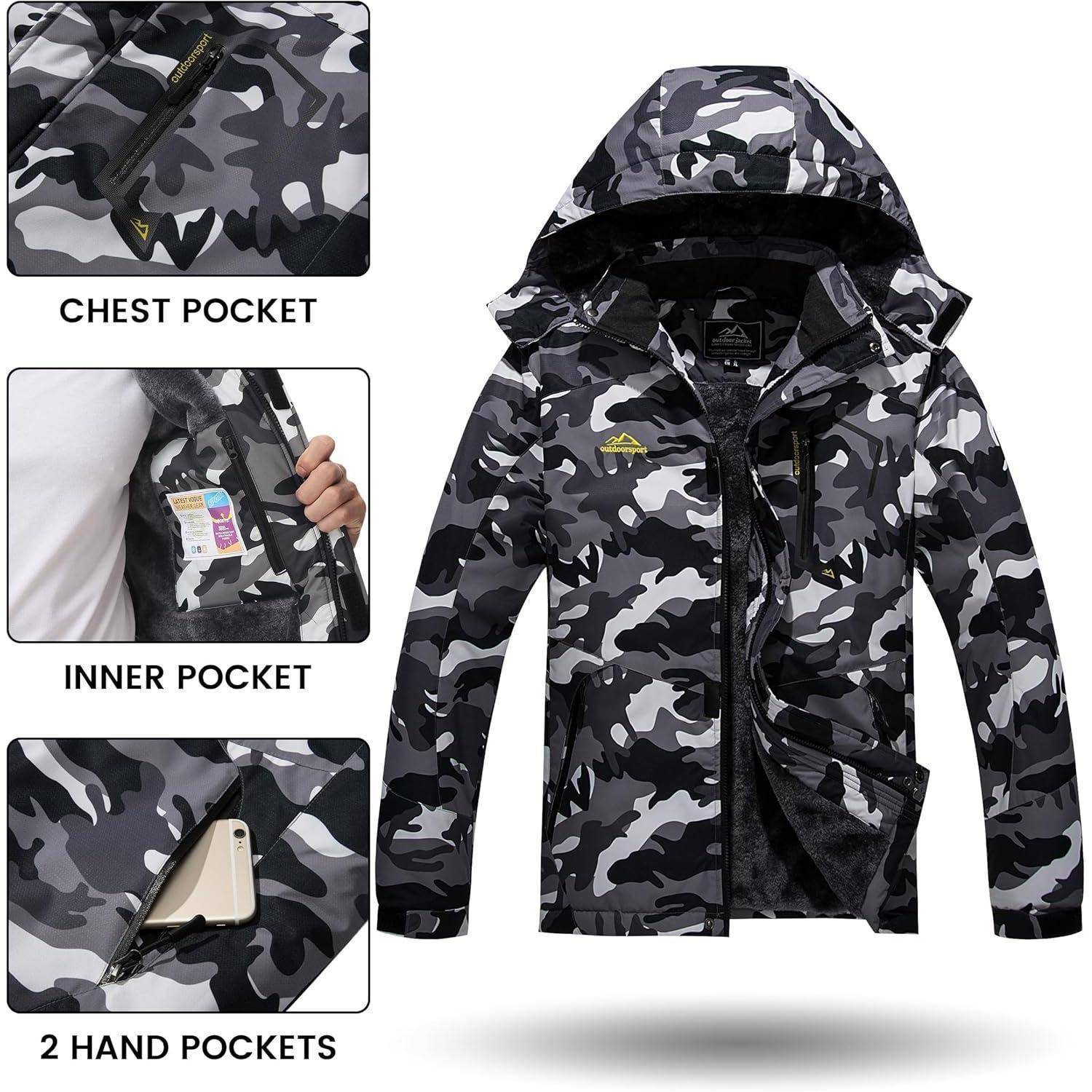 Winterjacke Herren Wasserdicht Winddicht Fleece Kapuze M Schwarz Camo