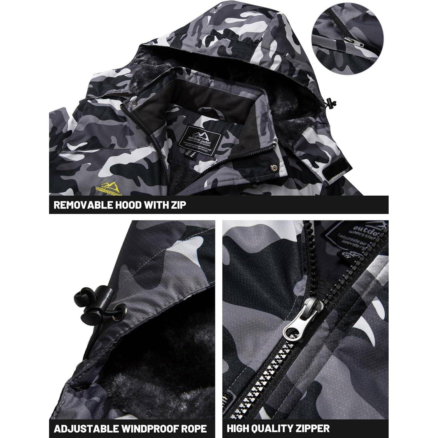 Winterjacke Herren Wasserdicht Winddicht Fleece Kapuze M Schwarz Camo