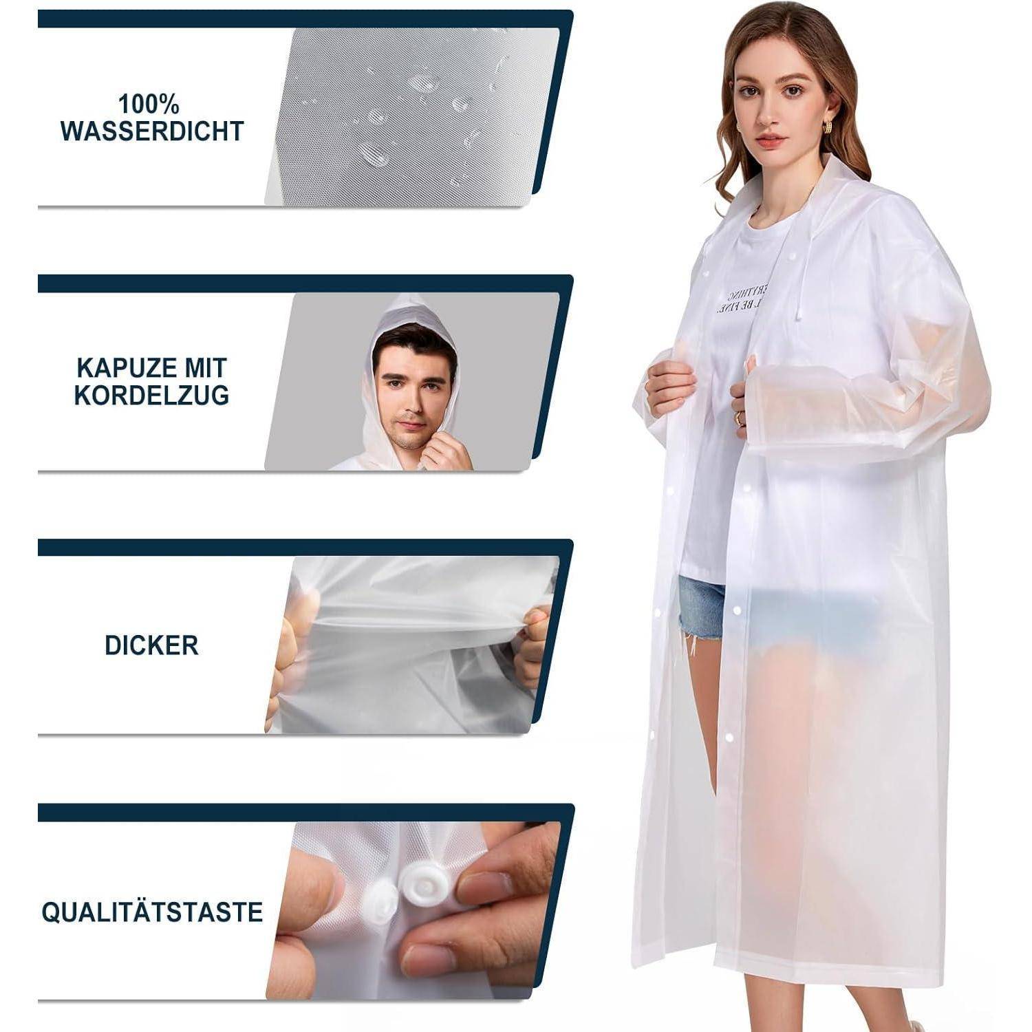 Regenponcho 2 Stück Damen Herren Wasserdicht Kapuze Weiß Erwachsener