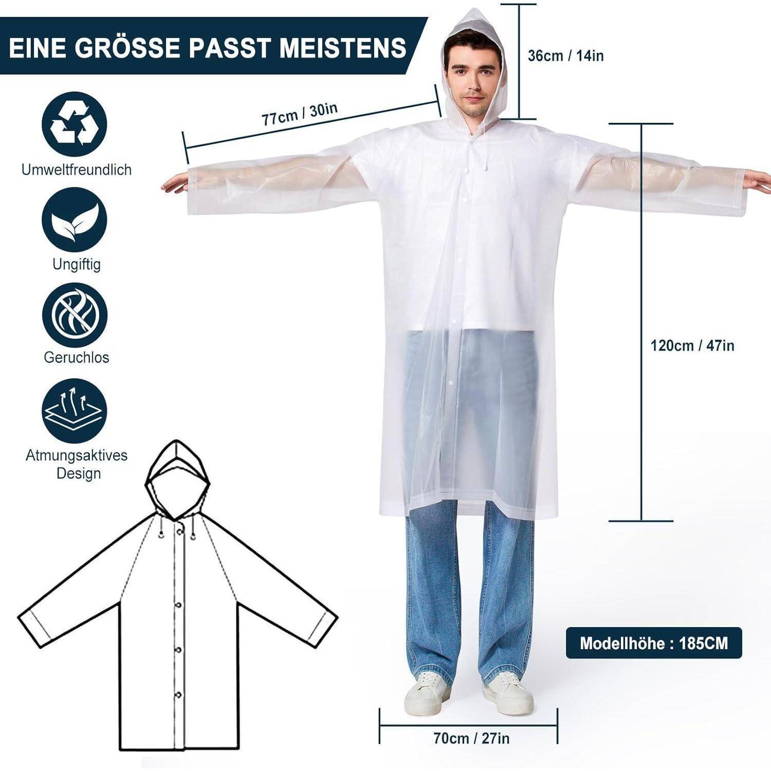 Regenponcho 2 Stück Damen Herren Wasserdicht Kapuze Weiß Erwachsener