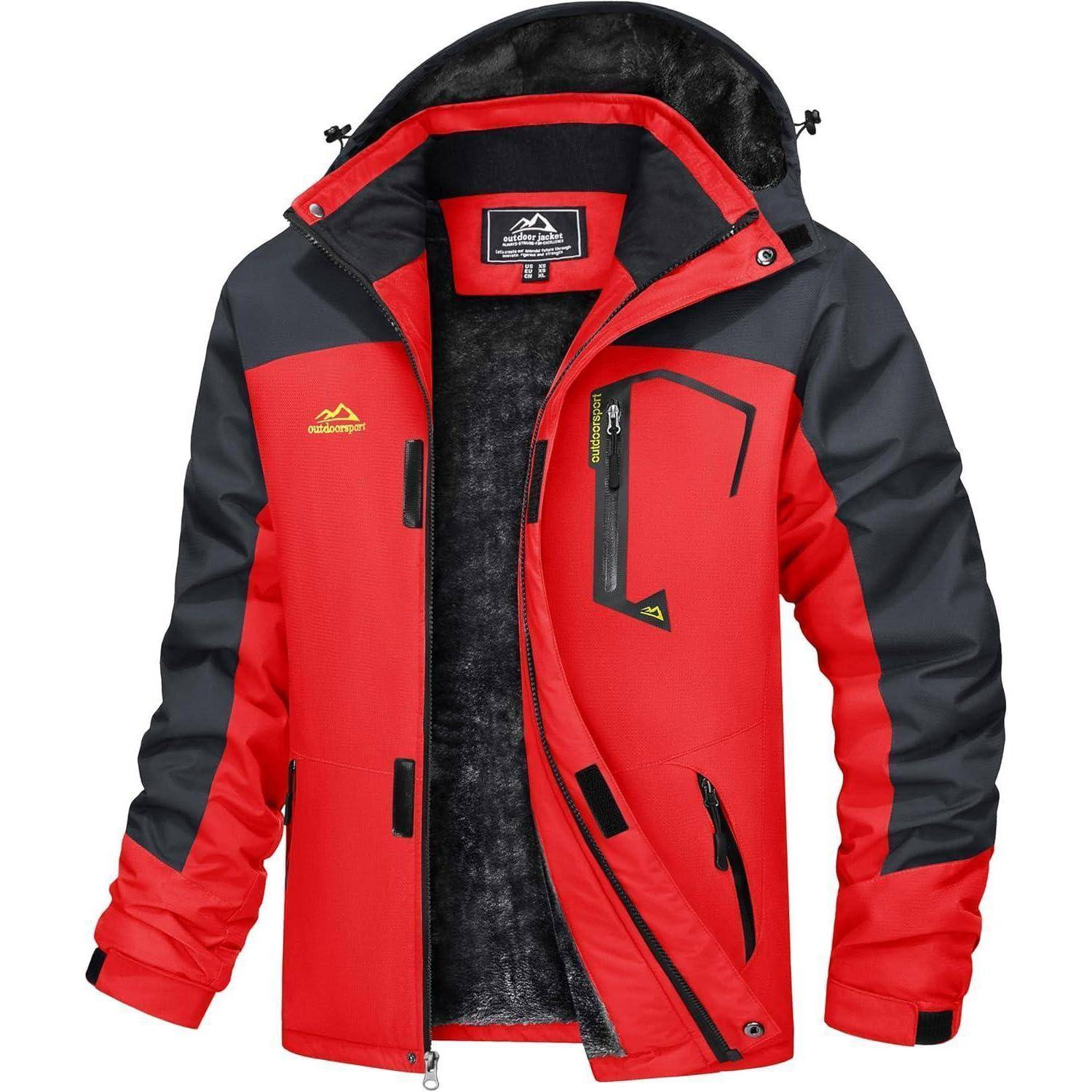 Eine rote und schwarze Outdoorjacke mit mehreren Reißverschlusstaschen und einer Kapuze, die ein sportliches Design für Aktivitäten bei kaltem Wetter präsentiert.