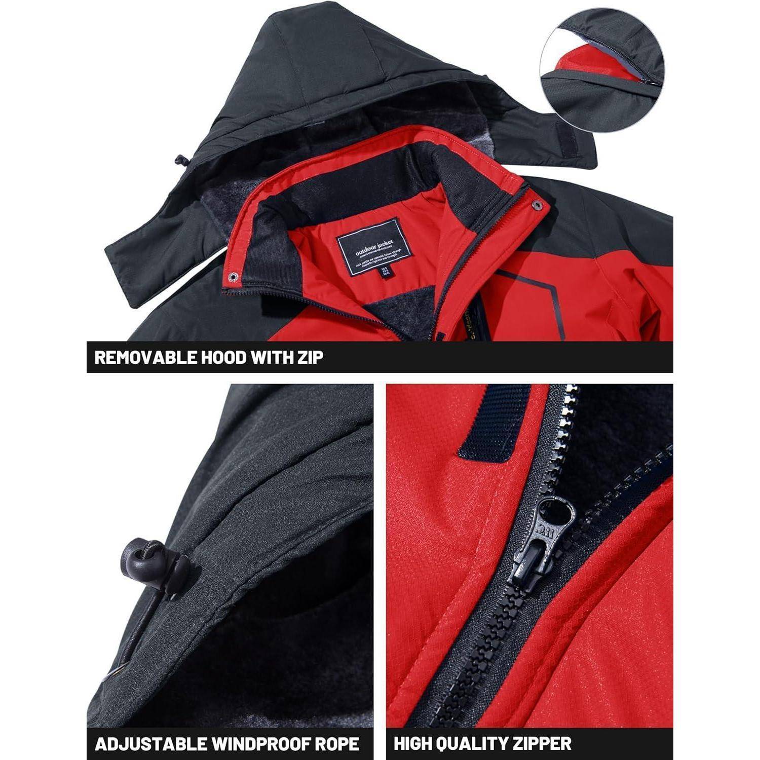 Rote und schwarze Jacke mit abnehmbarer Kapuze, verstellbarem winddichtem Kordelzug und hochwertiger Reißverschluss. Detailaufnahmen zeigen die Merkmale.