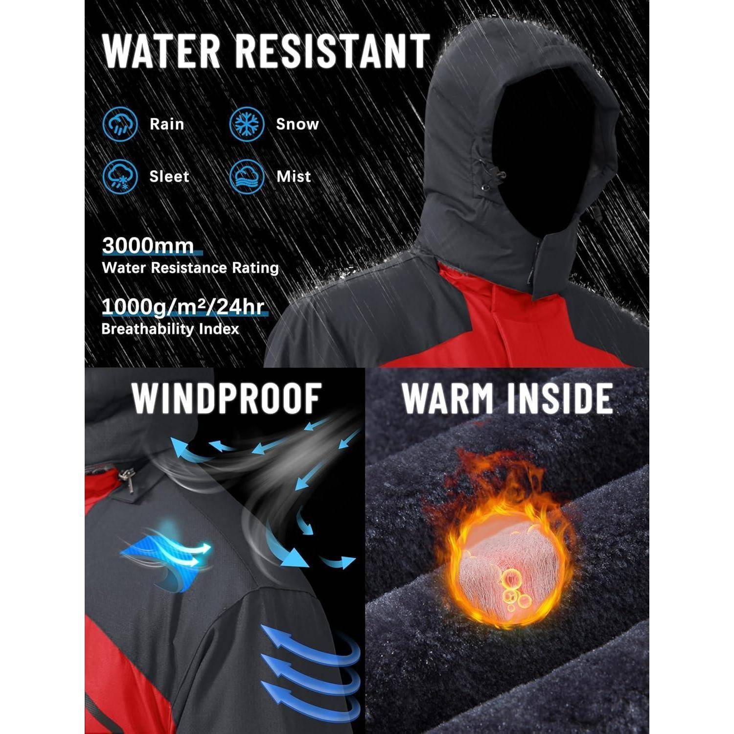Wasserabweisende' Jacke mit Kapuze. Eigenschaften: 3000mm Wasserdichtigkeit, 1000g/m²/24Std. Atmungsaktivität. Winddicht und innen warm.