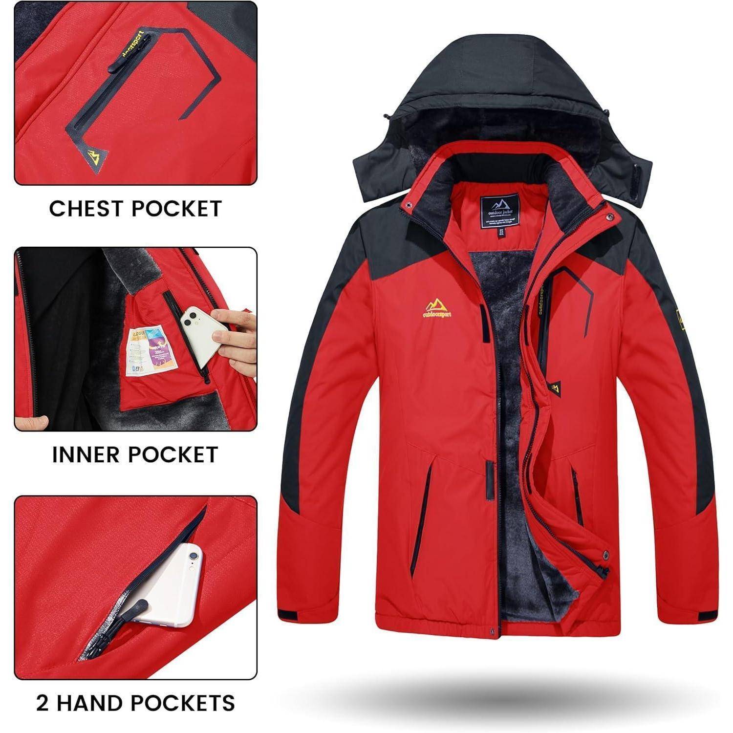 Das Bild zeigt eine rote Outdoor-Jacke mit Kapuze. Seiteneinblendungen heben die Merkmale hervor: Brusttasche, Innentasche und zwei Handtaschen.
