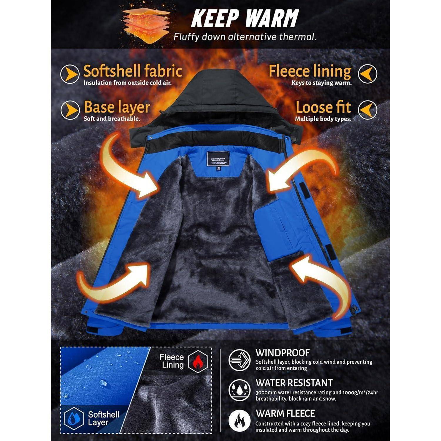 Winterjacke Herren wasserdicht winddicht Fleece Kapuze L Blau