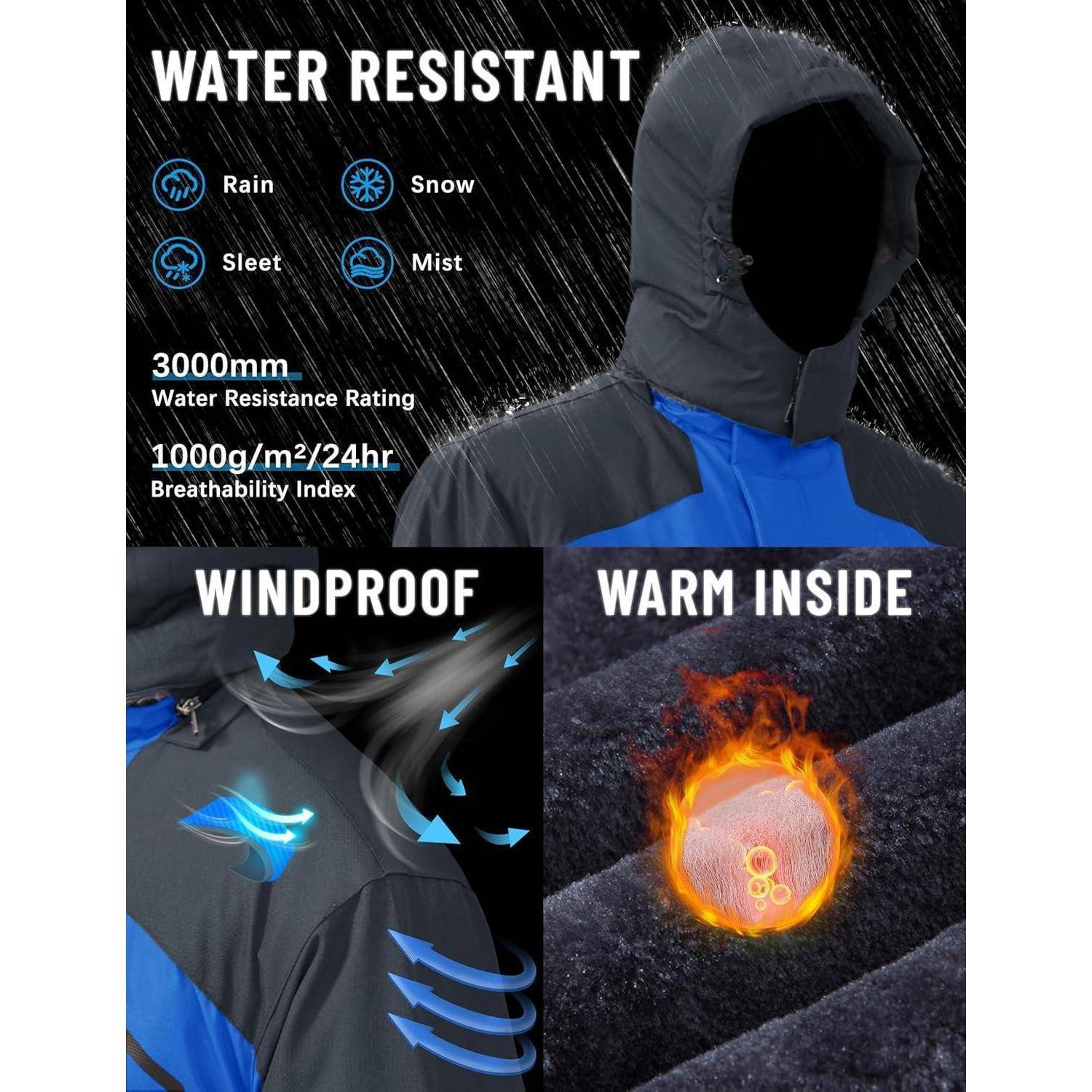 Winterjacke Herren wasserdicht winddicht Fleece Kapuze L Blau