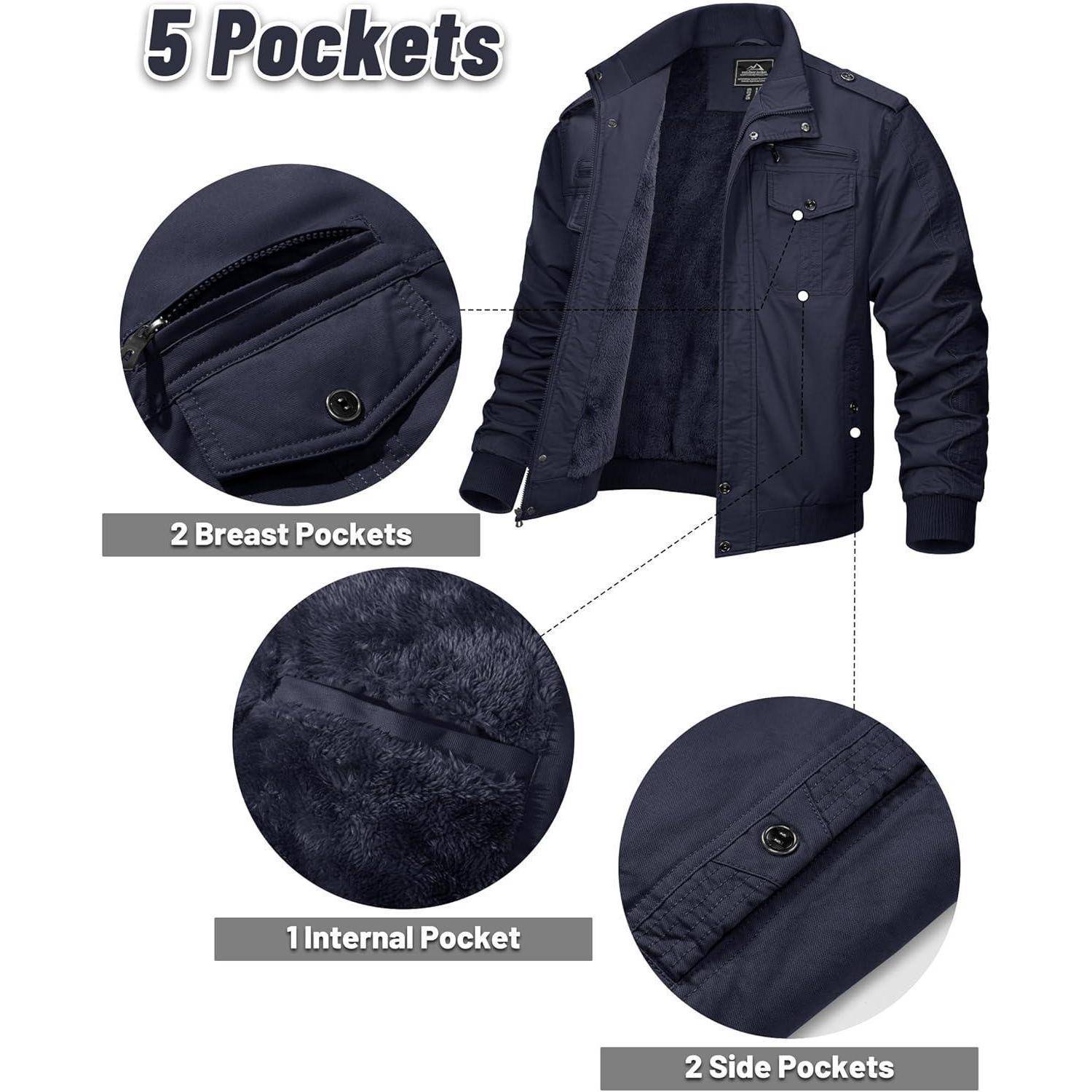 Eine dunkle marineblau-farbene Jacke mit dem Schriftzug '5 Taschen', die 2 Brusttaschen, 1 Innentasche und 2 Seitentaschen zeigt, mit Detailaufnahmen hervorgehoben.