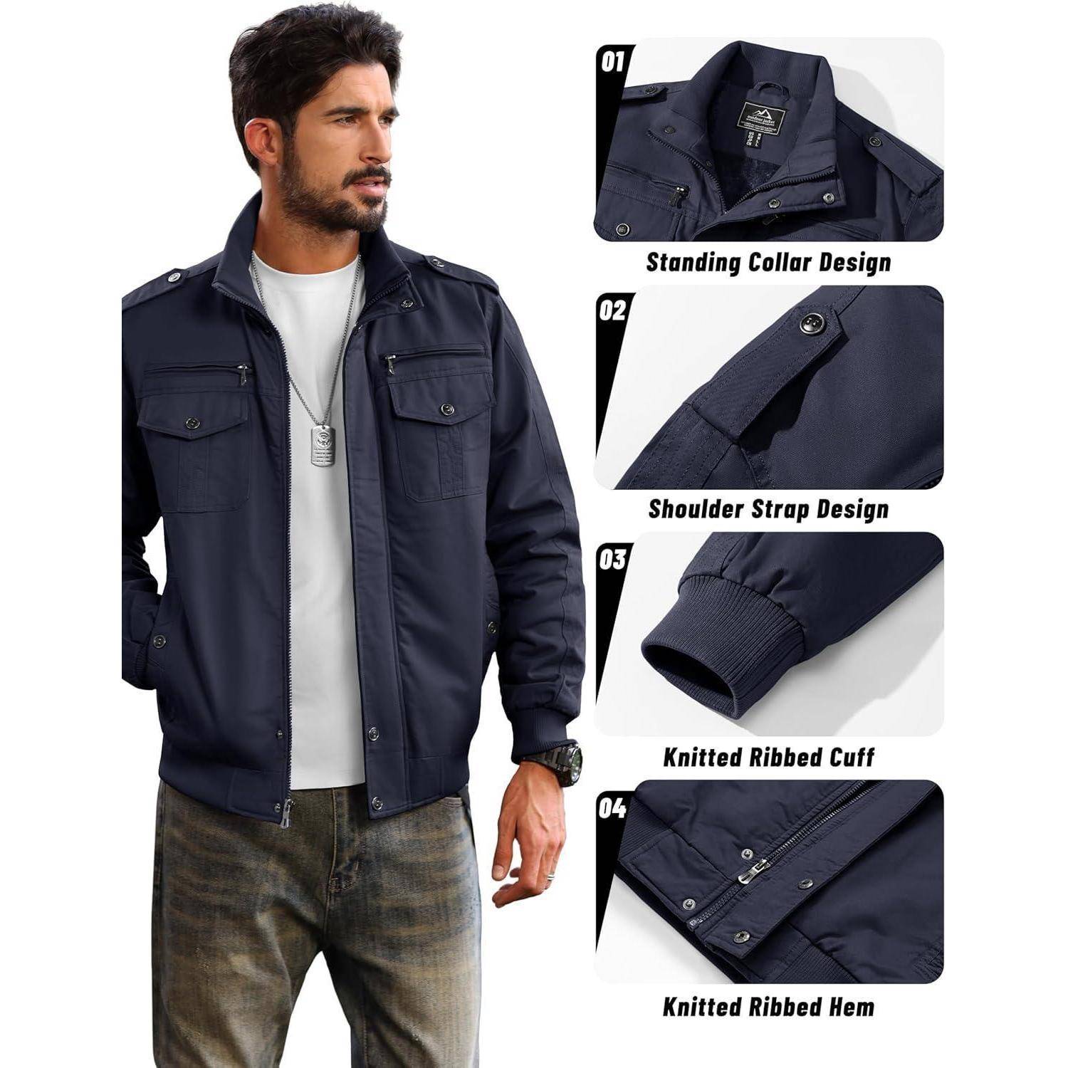 Mann trägt eine Jacke in Marineblau mit aufrechtem Kragen, Schulterstücken, gerippten Bündchen und Saum. Einschübe zeigen Detailaufnahmen dieser Merkmale.